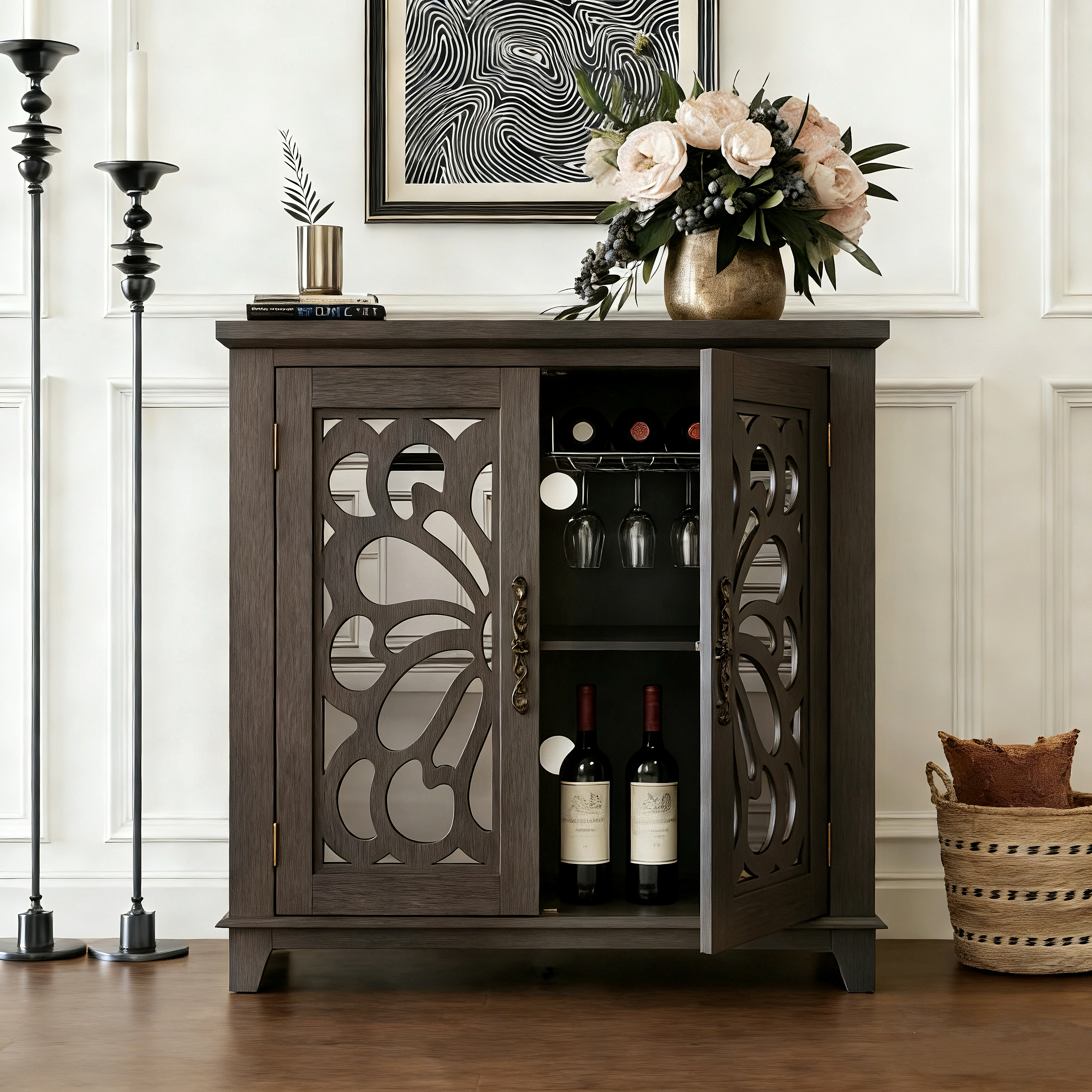 Elegant Sideboard With 2 Acrylic Mirrored Doors Sideboard And Buffet With Storage, Hollow-Carved Accent Cabinet Brown Laminates And MDF Substrate, Spacious Space Adjustable Shelf, Living Room, Kitchen