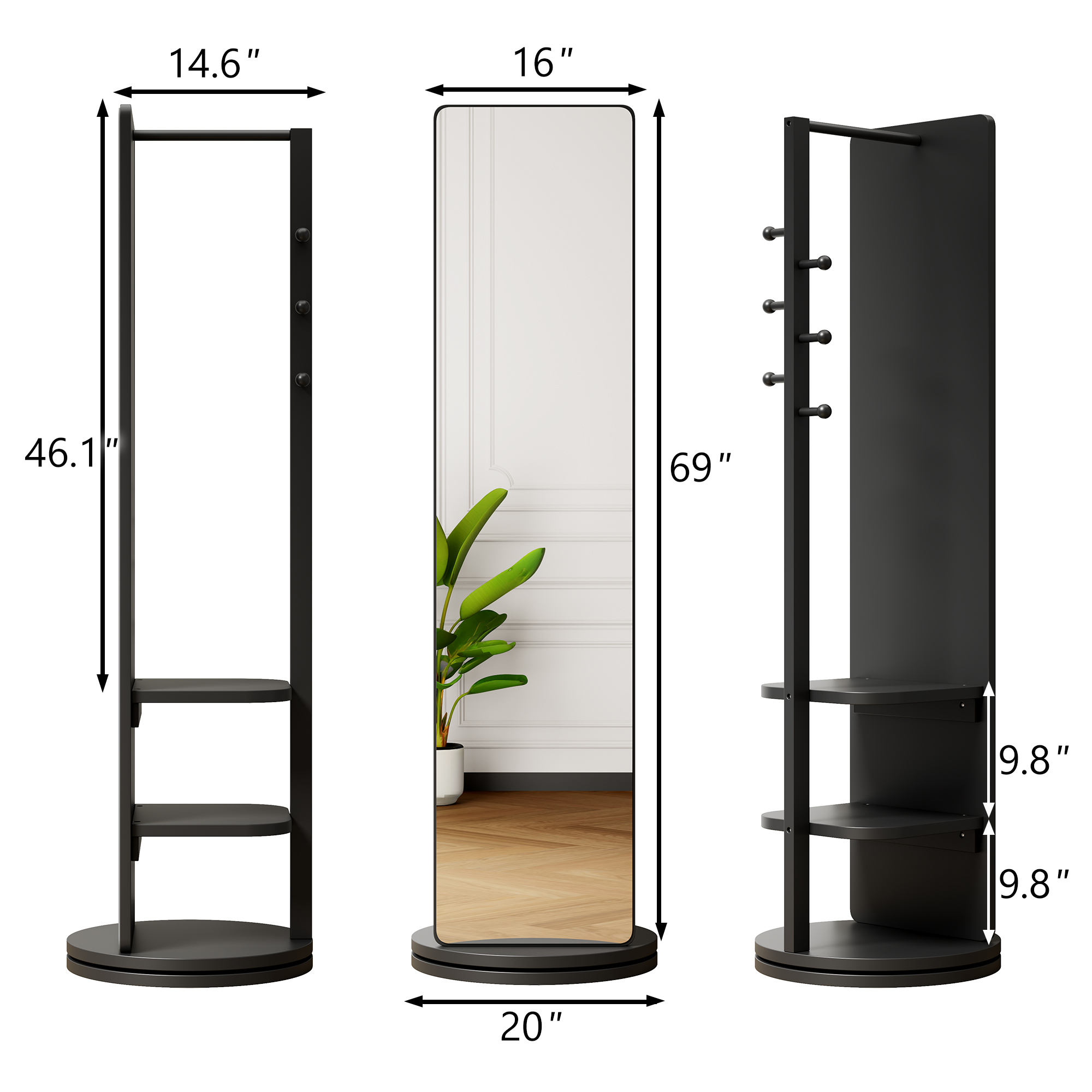 360 Rotating 69x20in Multifunctional Full Length Mirror With Hook Storage Rack Coat Rack With Mirror Solid Wood Floor Mirror Bedroom Living Room Cloakroom Space Saving   Black