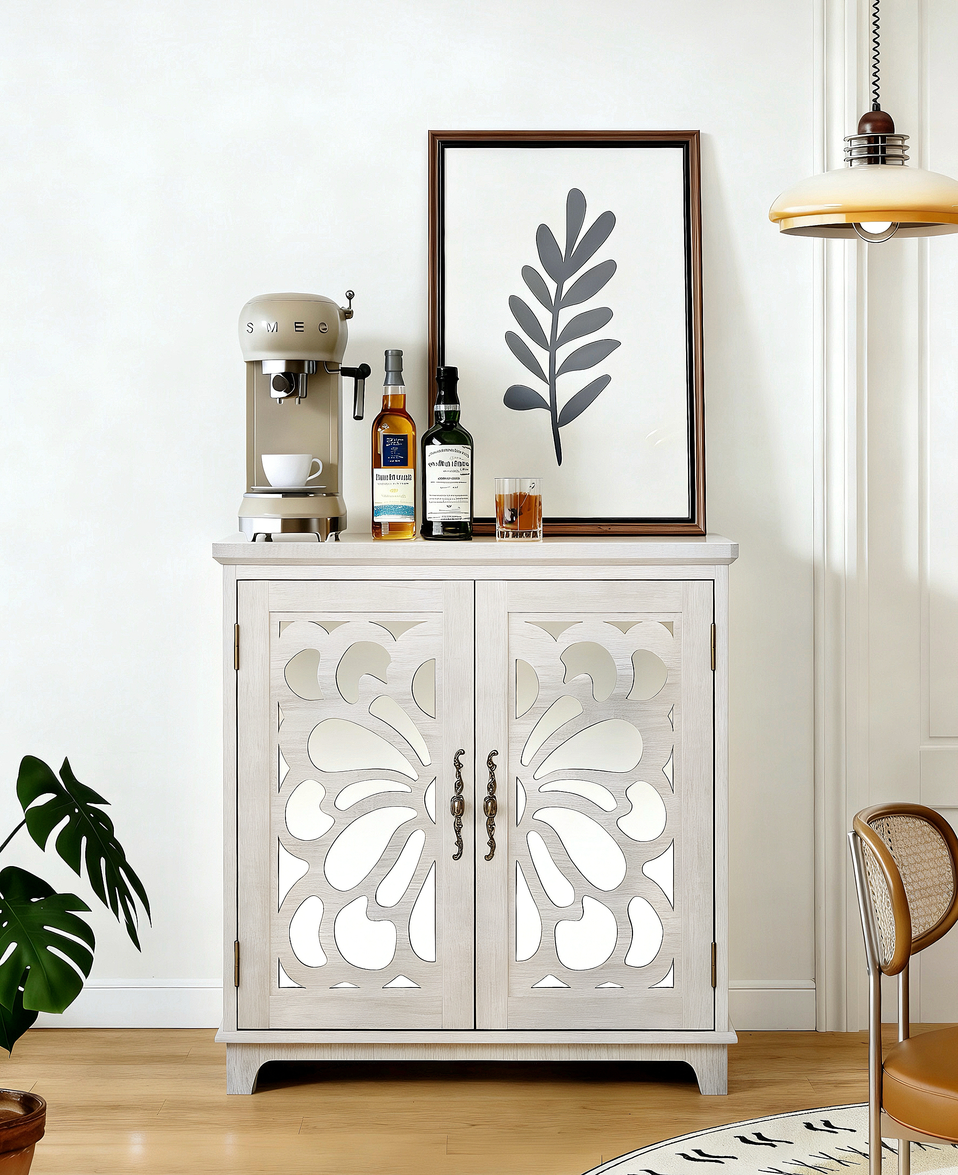 Elegant Sideboard With 2 Acrylic Mirrored Doors Sideboard And Buffet With Storage, Hollow-Carved Accent Cabinet Gray Laminates And MDF Substrate, Spacious Space Adjustable Shelf, Living Room, Kitchen