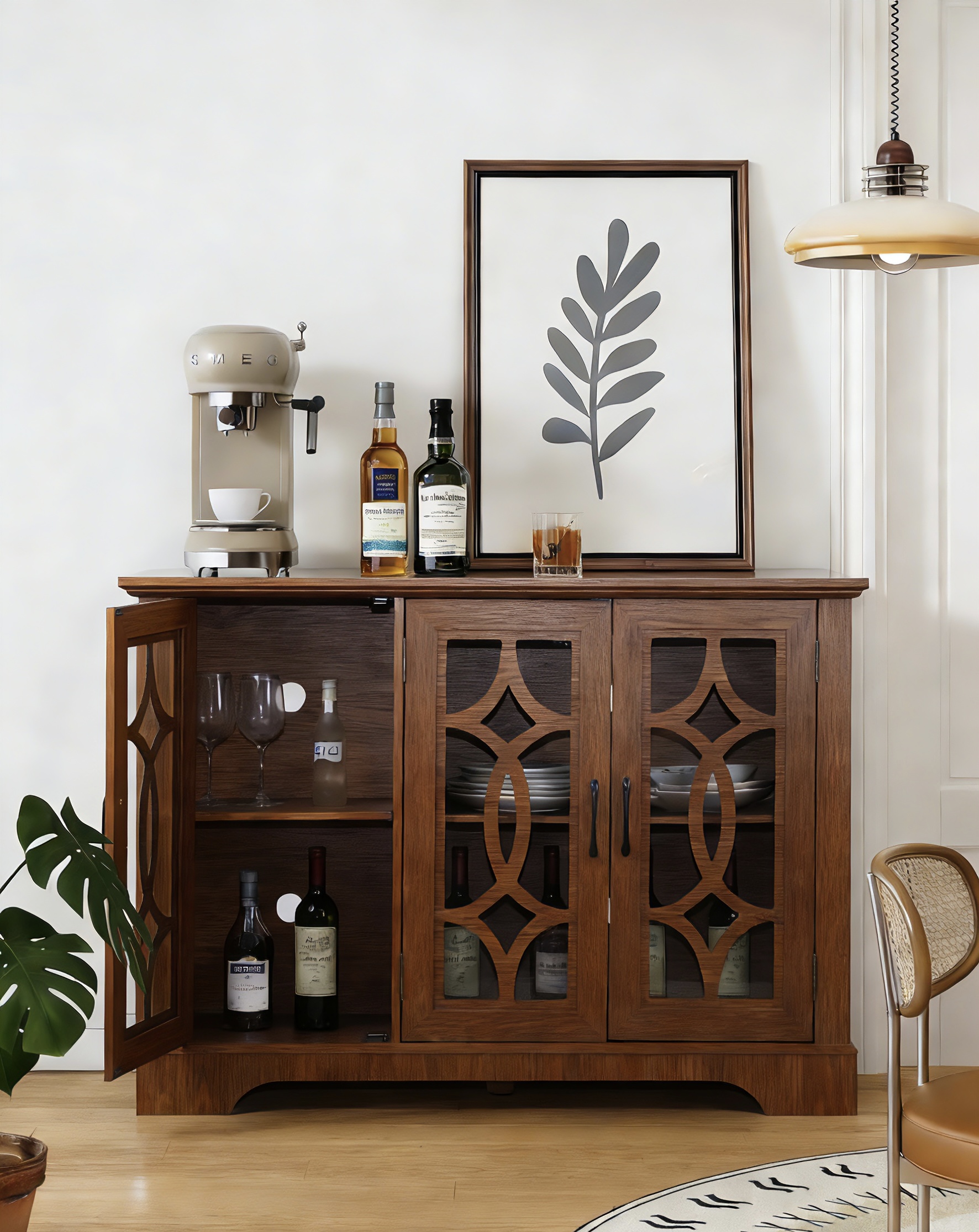 48.66 X 15.55 X 34.06in Spacious Size Sideboard 3 Clear Tempered Glass Doors Buffet With Adjustable Shelf, MDF With Dark OAK Decorative Laminates Storage Cabinet For Dinning Room, Kitchen,living Room