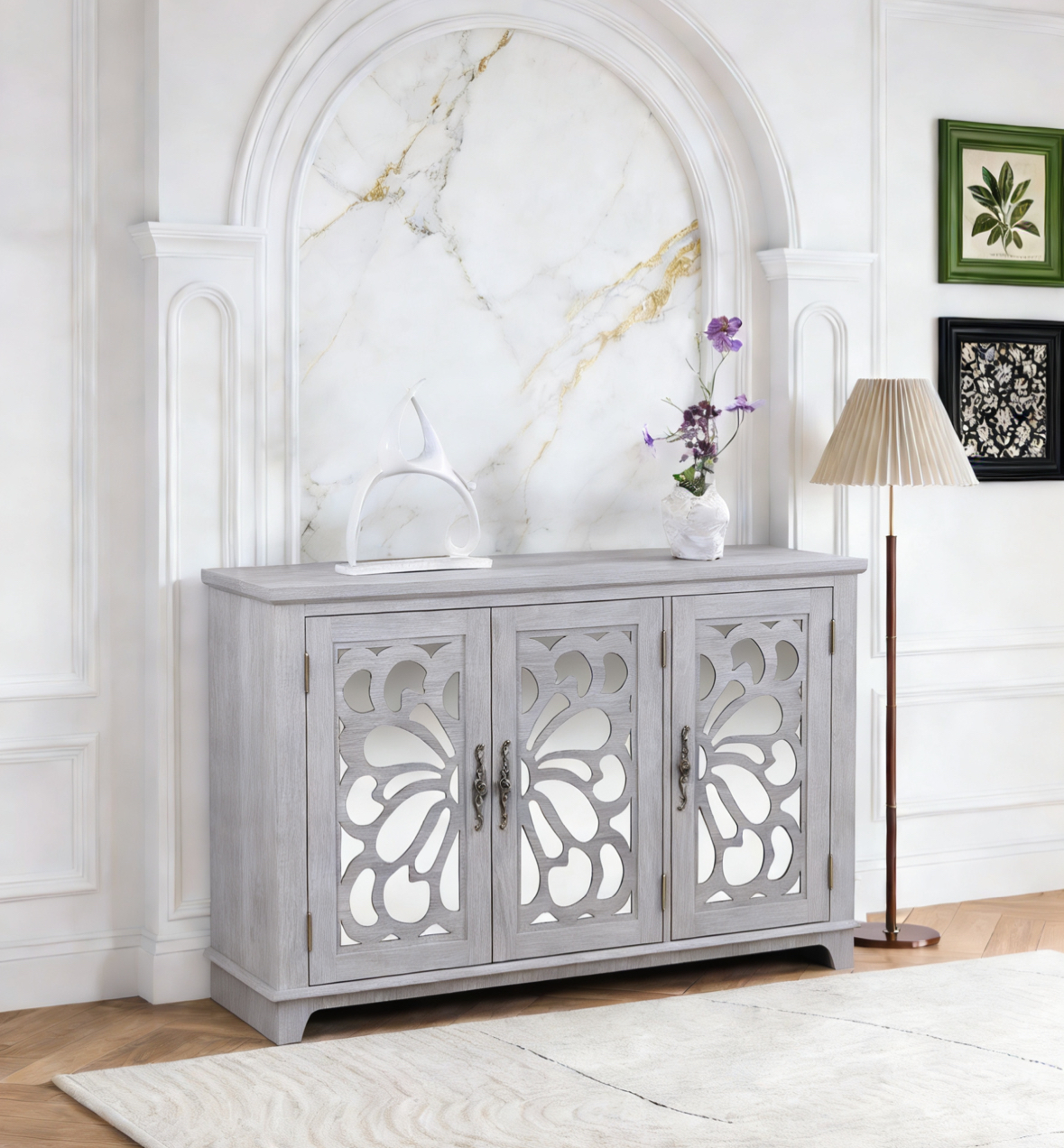 49.33  X 15.55in Spacious Size Countertop Sideboard With 3 Mirrored Doors Adjustable Shelves Buffet Cabinet, Storage Cabinet For Living Room, Bedroom, Dinning Room, Kitchen, Hallway Closet