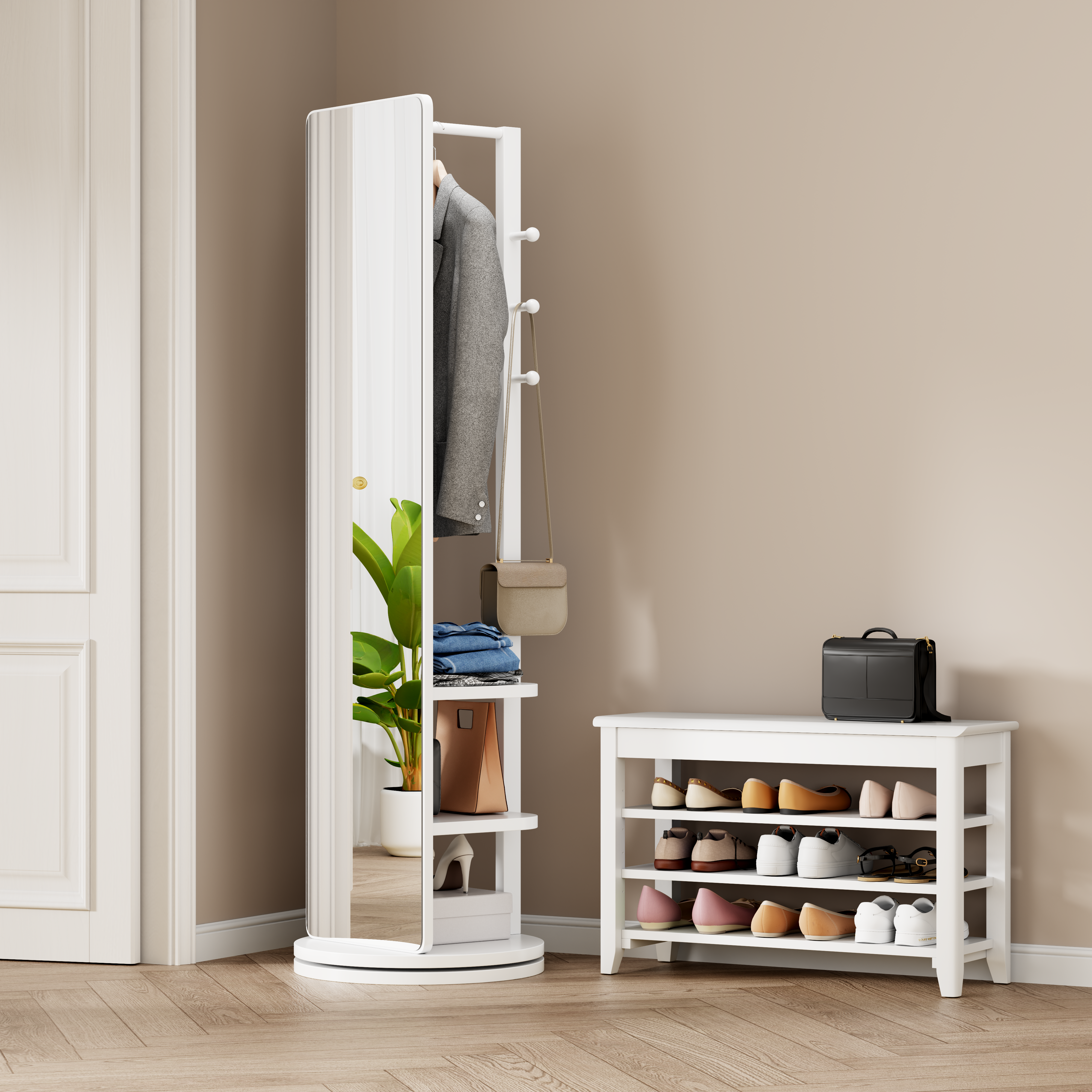 360  Rotating 69x20 Multifunctional Full Length Mirror With Hook Storage Rack Coat Rack With Mirror Solid Wood Floor Mirror Bedroom Living Room Cloakroom Space Saving   White