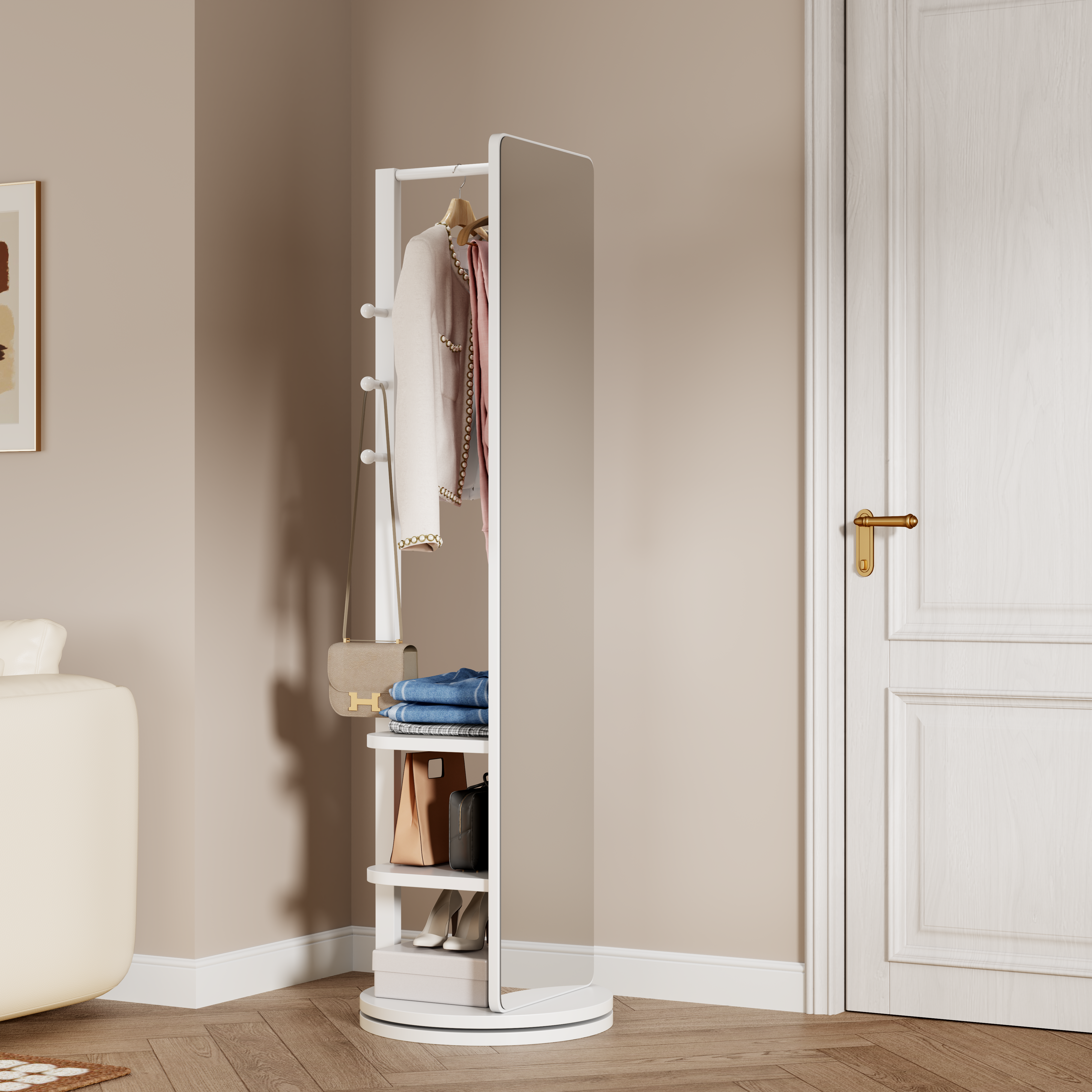 360  Rotating 69x20 Multifunctional Full Length Mirror With Hook Storage Rack Coat Rack With Mirror Solid Wood Floor Mirror Bedroom Living Room Cloakroom Space Saving   White