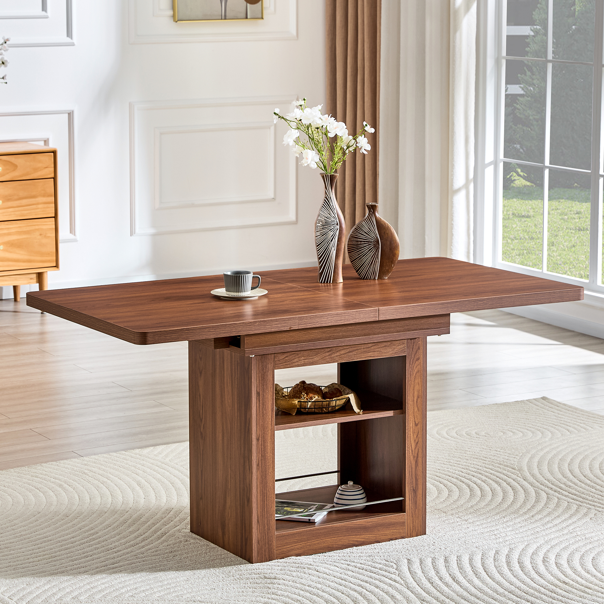 An Expandable Dining Table With Storage Space ,59 Inch To 71 Inch Expandable Kitchen Dining Table. Walnut Rectangular Pull Table With Sturdy MDF Frame In Walnut Color,  Accommodating 4-8 People.