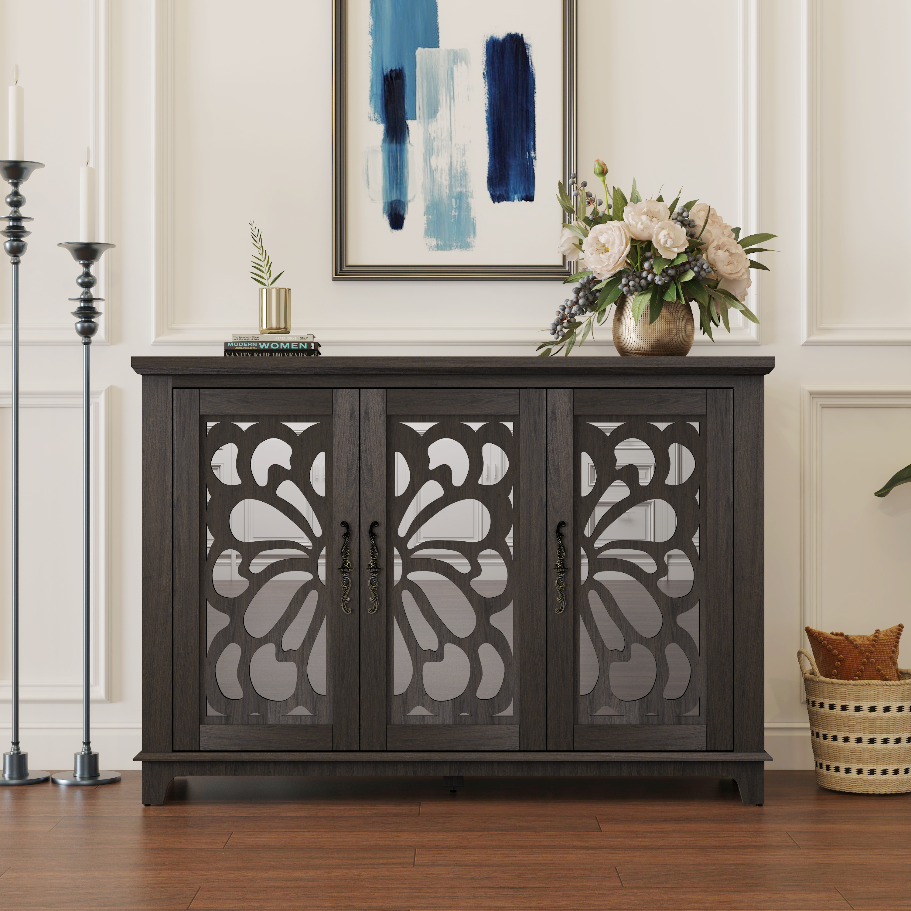 49.33 X 15.55 Spacious Size Countertop Sideboard With 3 Mirrored Doors Adjustable Shelves Buffet Cabinet, Storage Cabinet For Living Room, Bedroom, Dinning Room, Kitchen, Hallway Closet Brown Color