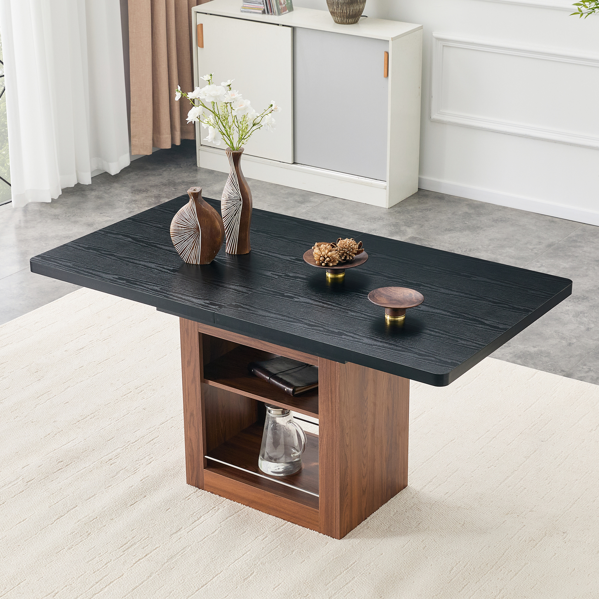 An Expandable Dining Table With Storage Space And A 59 Inch To 71 Inch Expandable Kitchen Dining Table. Black Rectangular Pull Table With Sturdy MDF Frame In Walnut Color,  Accommodating 4-8 People.