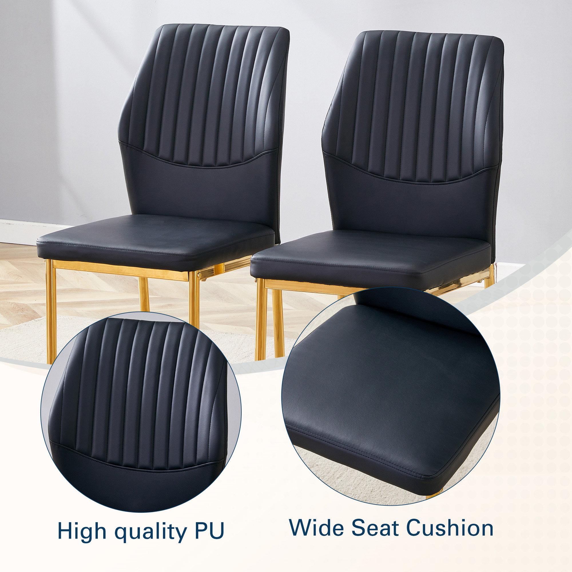 4-piece Set Of Black Gold Light Luxury PU Dining Chairs Ergonomic Backrest, 36.7 Inches High, Suitable For Multiple Scenarios.Set Of 4 BLACK PU Material High Resilience Dining Chairs.