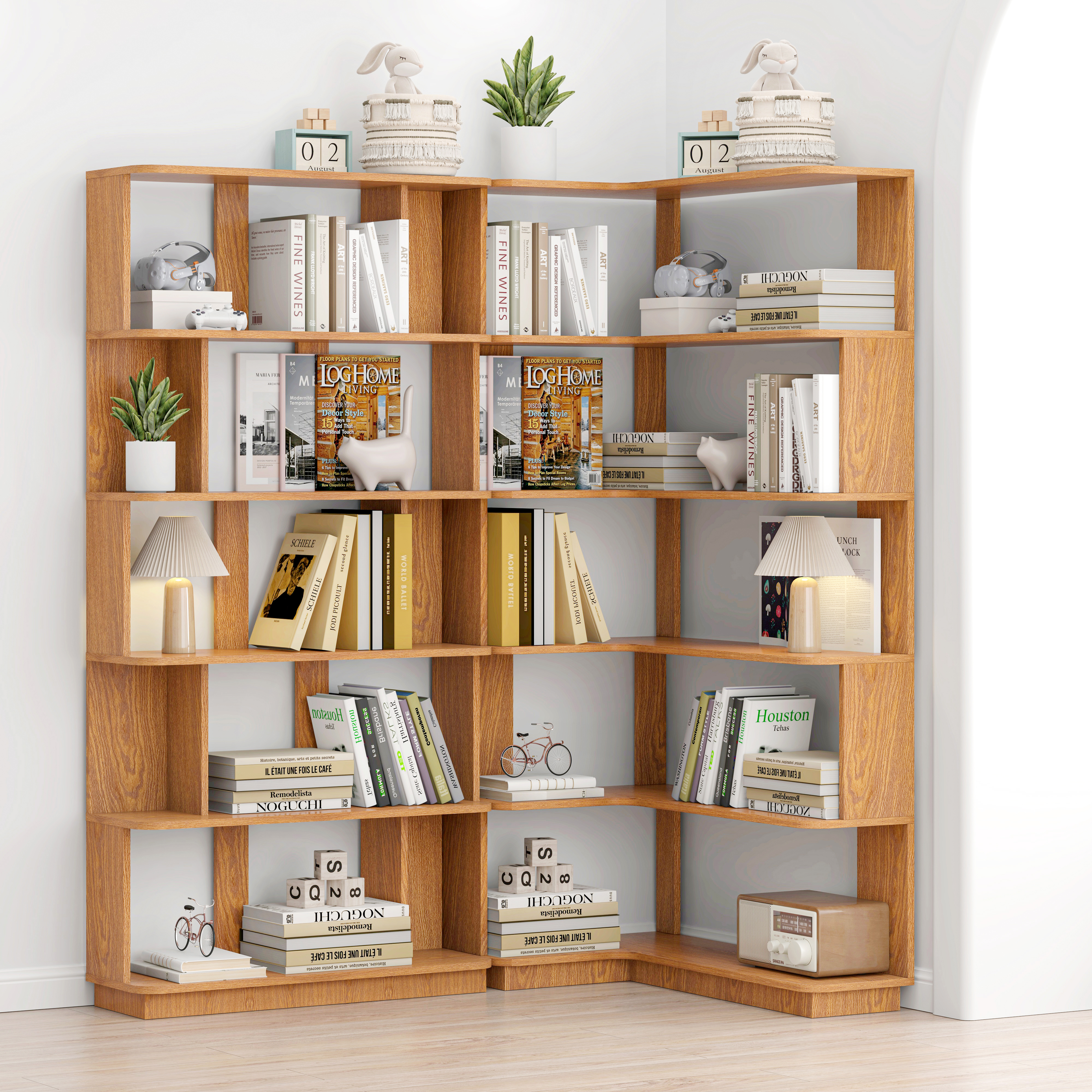 90 Cm Space Saving Corner Bookshelf    80 Cm Bookcase Extendable Free Combination, Set Of 2 Display Shelf, Dark OAK Color And Other 4 Colors For Option, Freely Combined And Matched Furniture