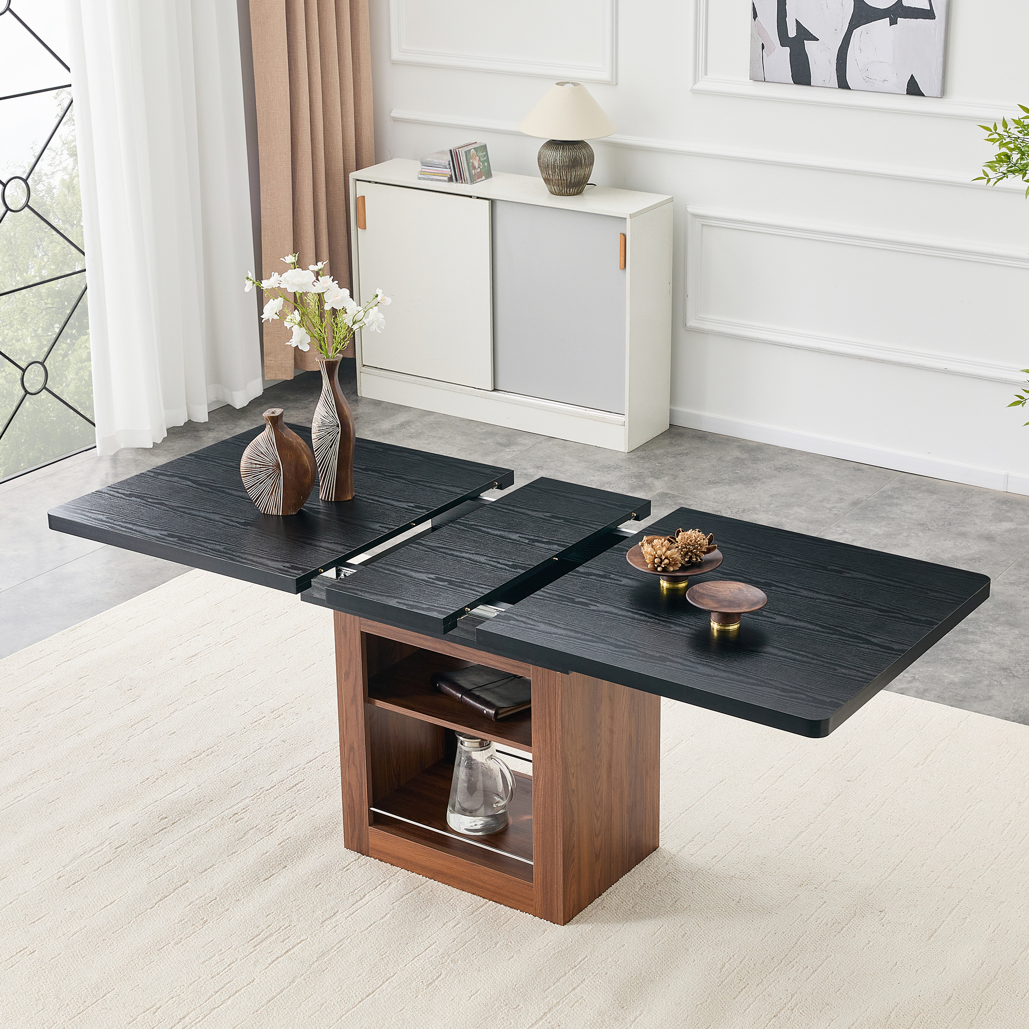 An Expandable Dining Table With Storage Space And A 59 Inch To 71 Inch Expandable Kitchen Dining Table. Black Rectangular Pull Table With Sturdy MDF Frame In Walnut Color,  Accommodating 4-8 People.