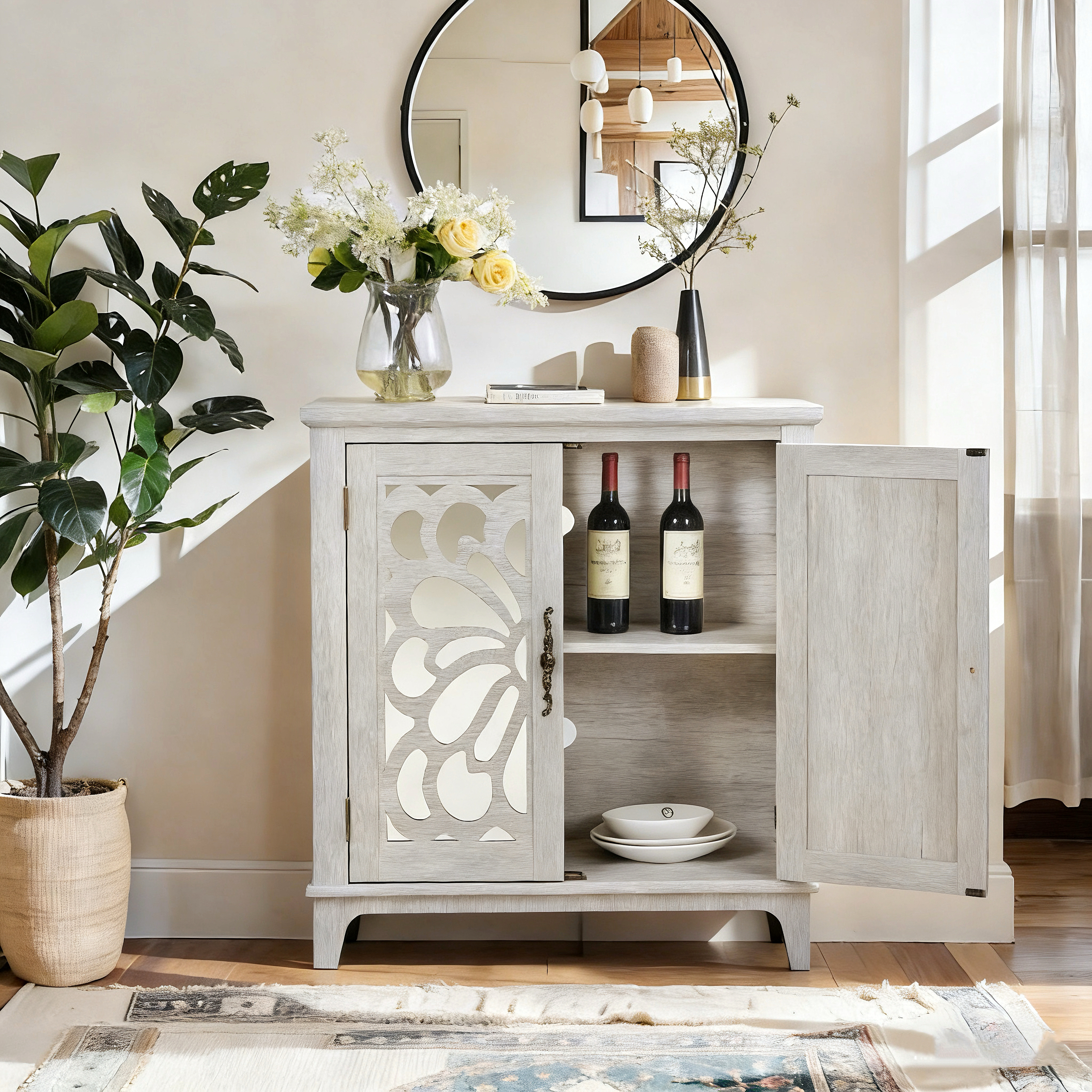 Elegant Sideboard With 2 Acrylic Mirrored Doors Sideboard And Buffet With Storage, Hollow-Carved Accent Cabinet Gray Laminates And MDF Substrate, Spacious Space Adjustable Shelf, Living Room, Kitchen