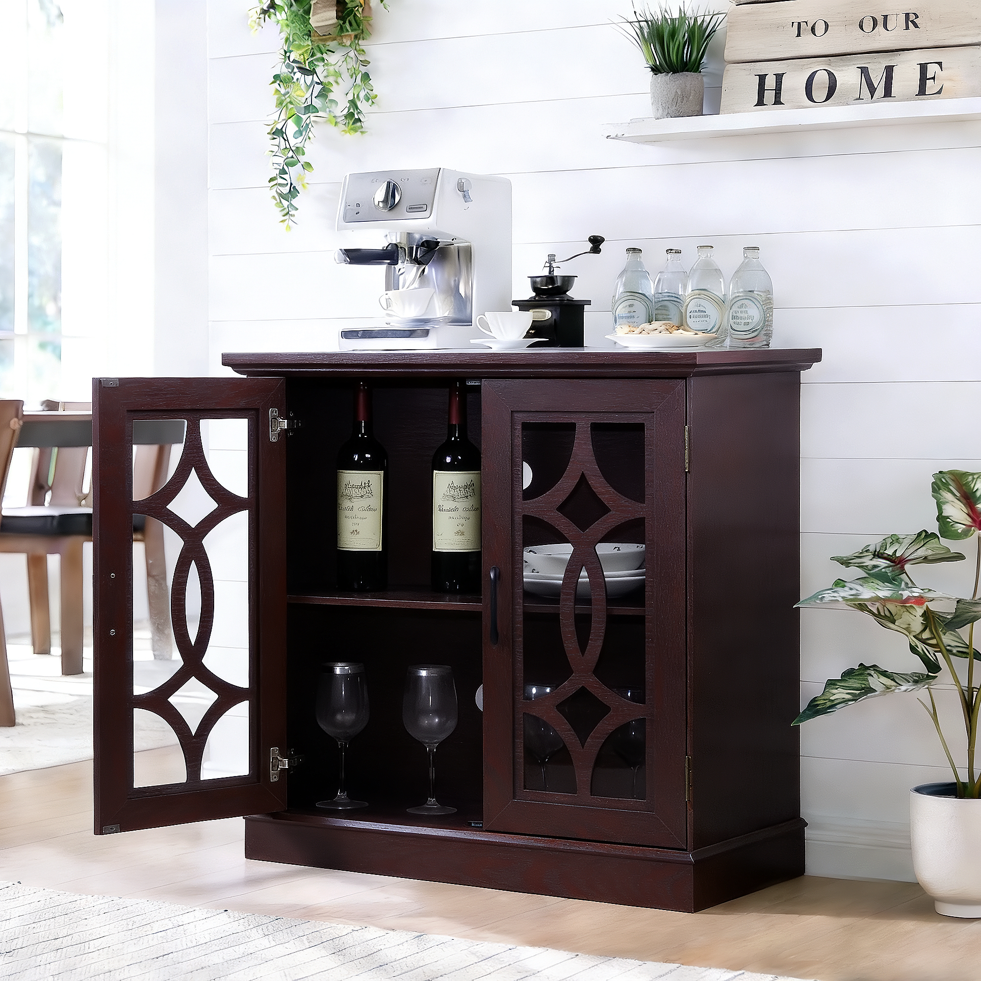 34.37 X 15.55 X 34.06in Spacious Size Sideboard 2 Clear Tempered Glass Doors Buffet With Adjustable Shelf, MDF With Dark RED Decorative Laminates Storage Cabinet For Dinning Room, Kitchen,living Room