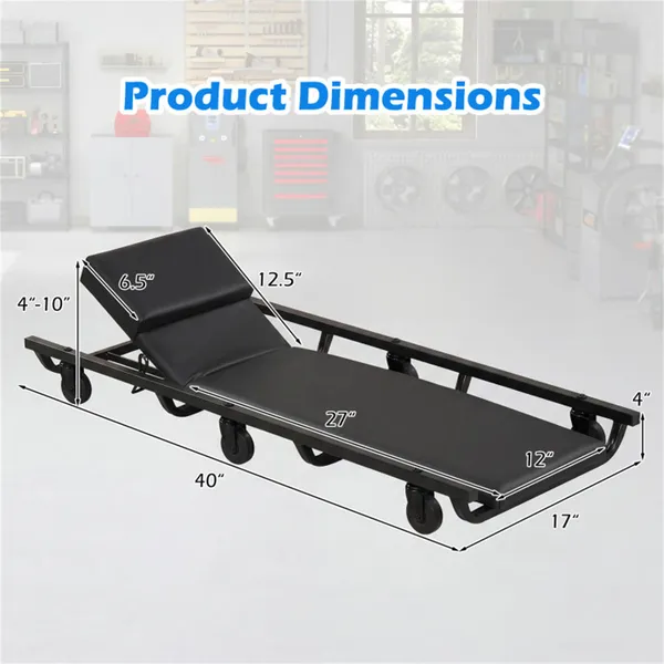 4 Level Adjustable Backrest Mechanic Rolling Creeper, Heavy Duty 6 Swivel Casters Garage Repair Cart With Thick Comfort Padded Cushion