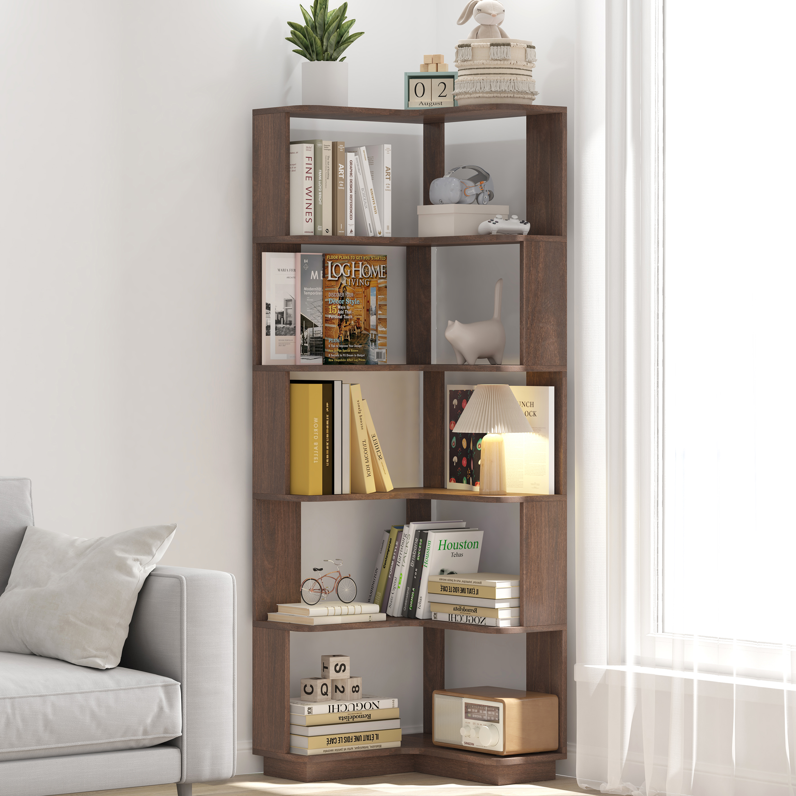 6 Tier Freestanding L-Shaped Corner Bookshelf For Living Room, Bedroom, Wooden Bookcase With Anti-drop Panle & Anti Tipping Device, Display Shelf Open Storage Rack Organizer For Home Office DARK BROWN