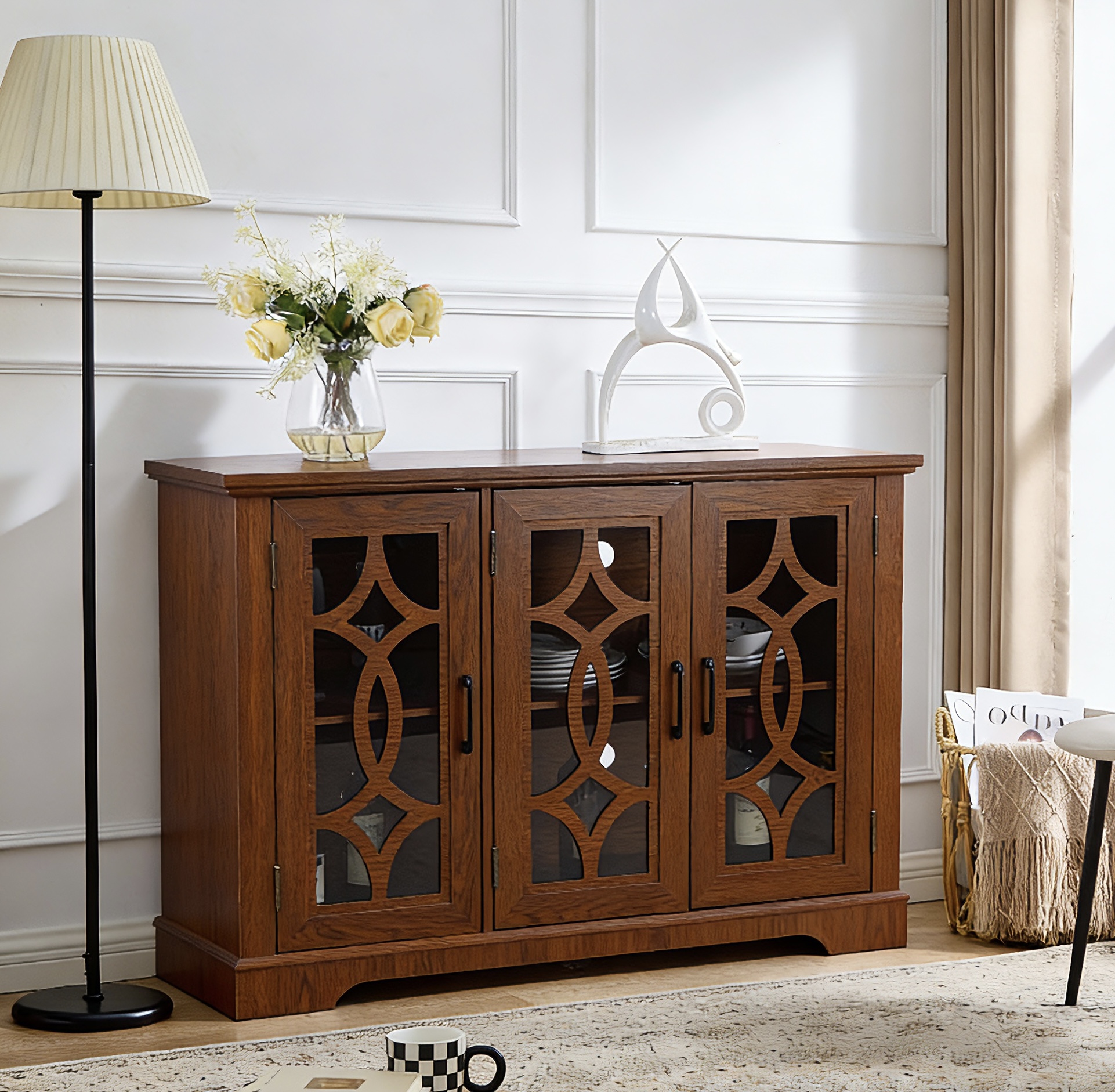48.66 X 15.55 X 34.06in Spacious Size Sideboard 3 Clear Tempered Glass Doors Buffet With Adjustable Shelf, MDF With Dark OAK Decorative Laminates Storage Cabinet For Dinning Room, Kitchen,living Room