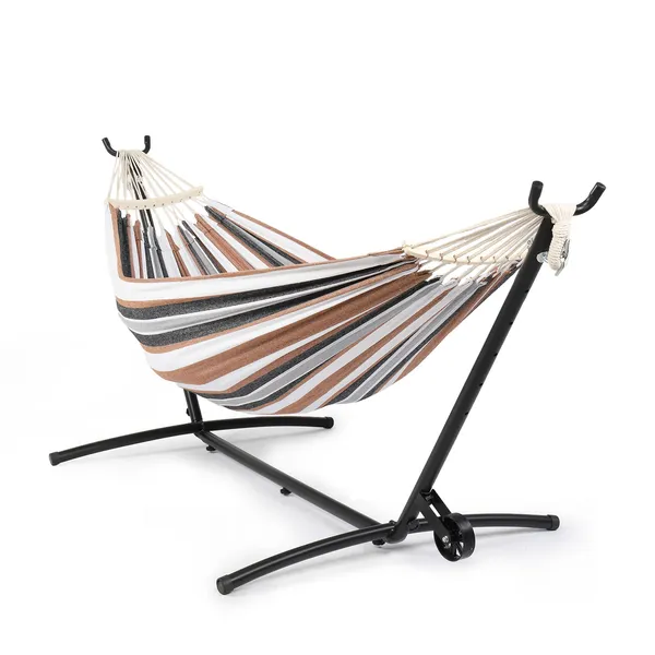 Double Hammock With Spreader Bar & Heavy-Duty 9ft Steel Wheel Stand, Brazilian Hammock Set, Portable Hammock With Stand For Outside, Backyard, Camping, Includes Carry Bag, Black & Coffee Strip