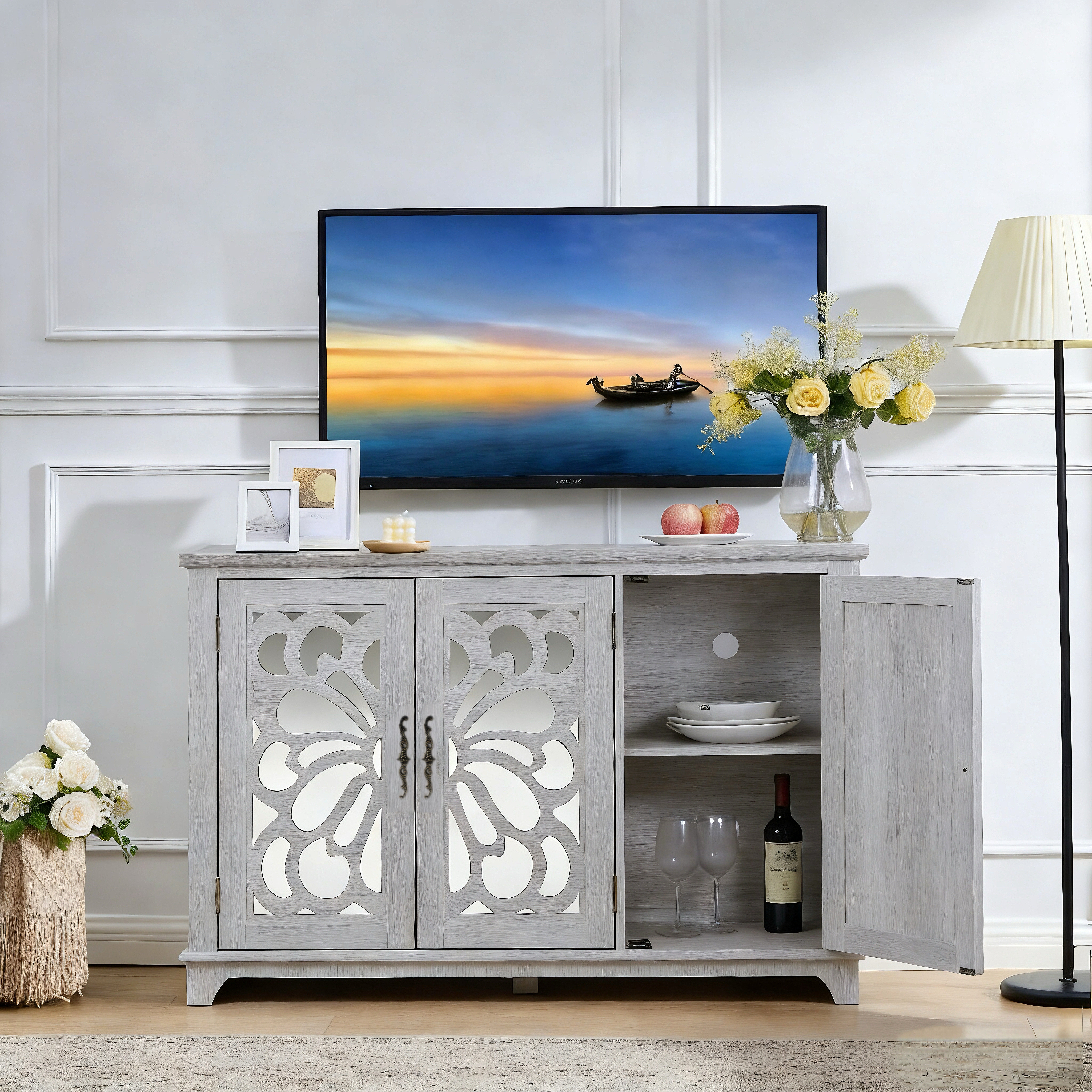 49.33  X 15.55in Spacious Size Countertop Sideboard With 3 Mirrored Doors Adjustable Shelves Buffet Cabinet, Storage Cabinet For Living Room, Bedroom, Dinning Room, Kitchen, Hallway Closet