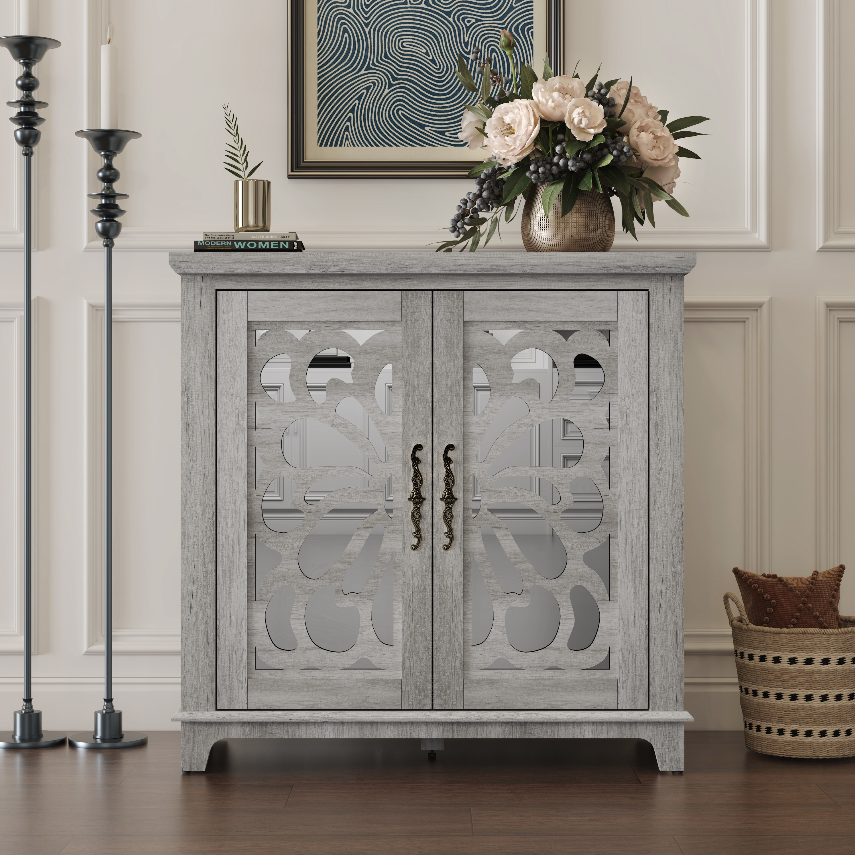Elegant Sideboard With 2 Acrylic Mirrored Doors Sideboard And Buffet With Storage, Hollow-Carved Accent Cabinet Gray Laminates And MDF Substrate, Spacious Space Adjustable Shelf, Living Room, Kitchen