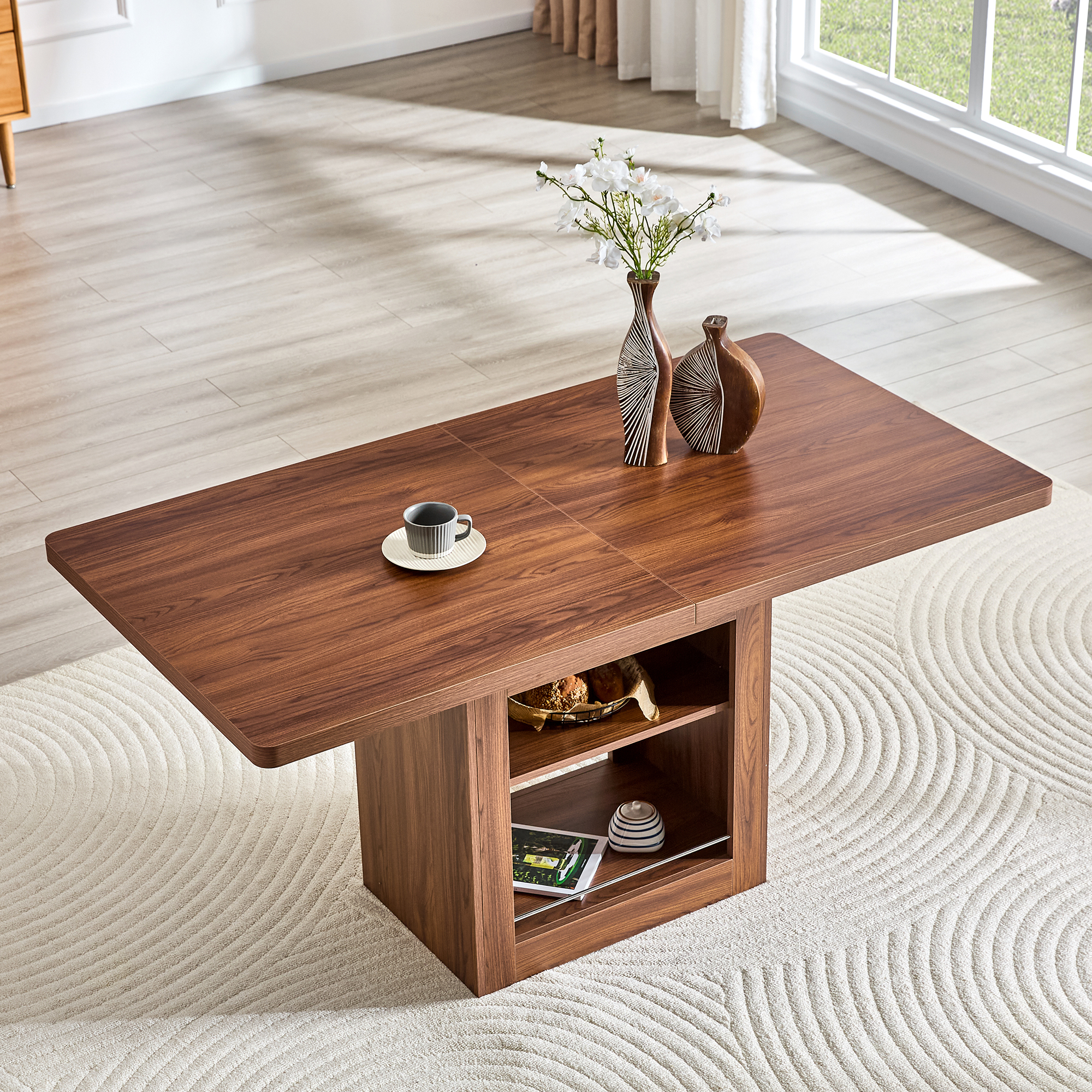 An Expandable Dining Table With Storage Space ,59 Inch To 71 Inch Expandable Kitchen Dining Table. Walnut Rectangular Pull Table With Sturdy MDF Frame In Walnut Color,  Accommodating 4-8 People.
