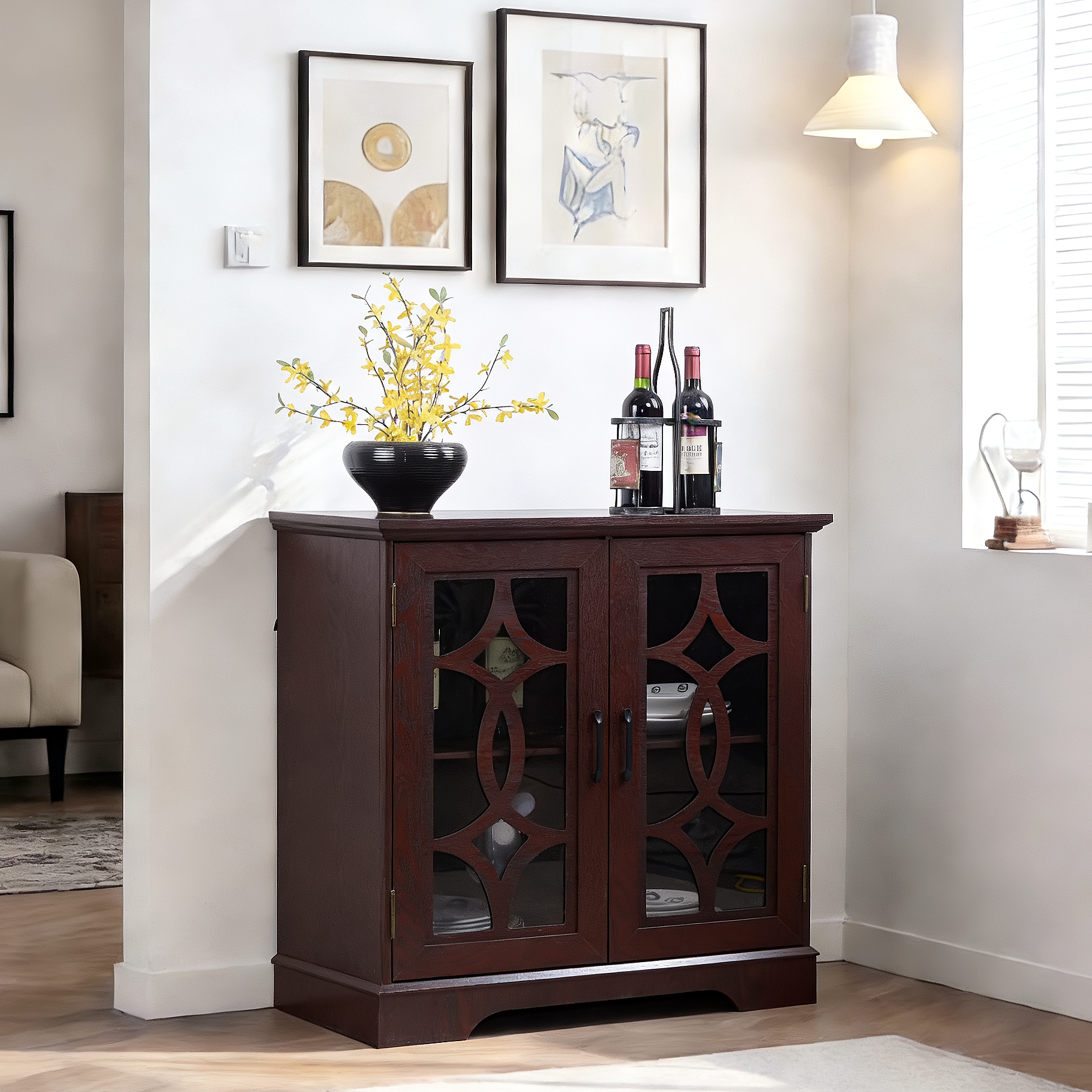 34.37 X 15.55 X 34.06in Spacious Size Sideboard 2 Clear Tempered Glass Doors Buffet With Adjustable Shelf, MDF With Dark RED Decorative Laminates Storage Cabinet For Dinning Room, Kitchen,living Room