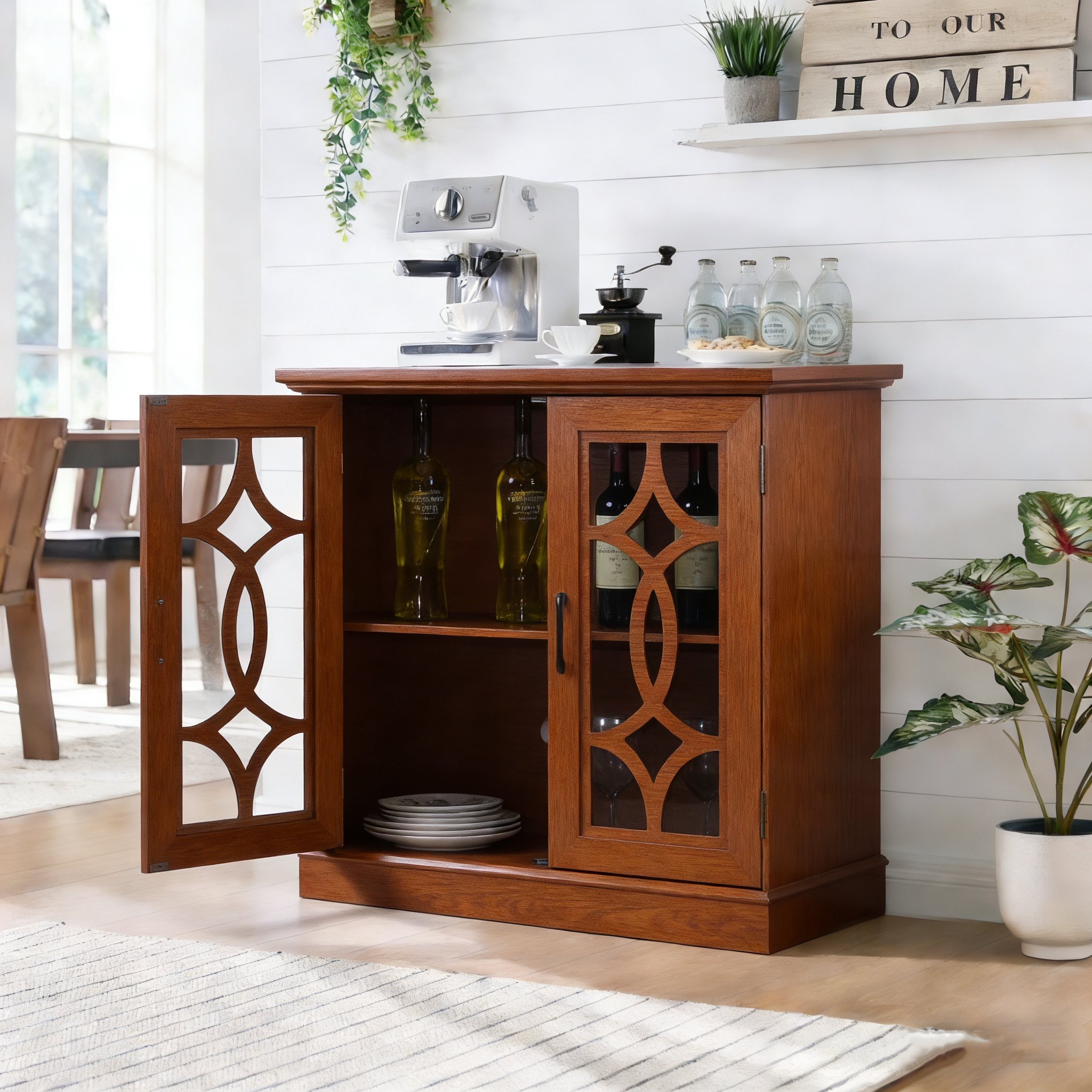 34.37X 15.55X 34.06in Spacious Size Sideboard 2 Clear Tempered Glass Doors Buffet With Adjustable Shelf, MDF With Dark OAK Decorative Laminates Storage Cabinet For Dinning Room, Kitchen,living Room
