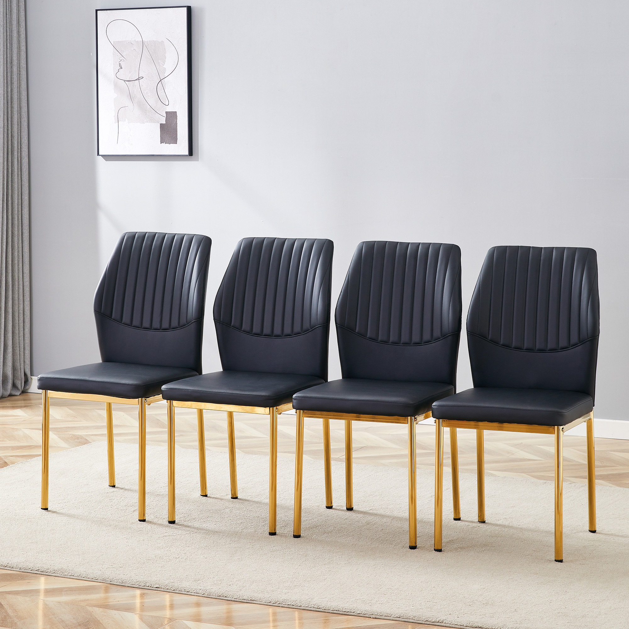 4-piece Set Of Black Gold Light Luxury PU Dining Chairs Ergonomic Backrest, 36.7 Inches High, Suitable For Multiple Scenarios.Set Of 4 BLACK PU Material High Resilience Dining Chairs.
