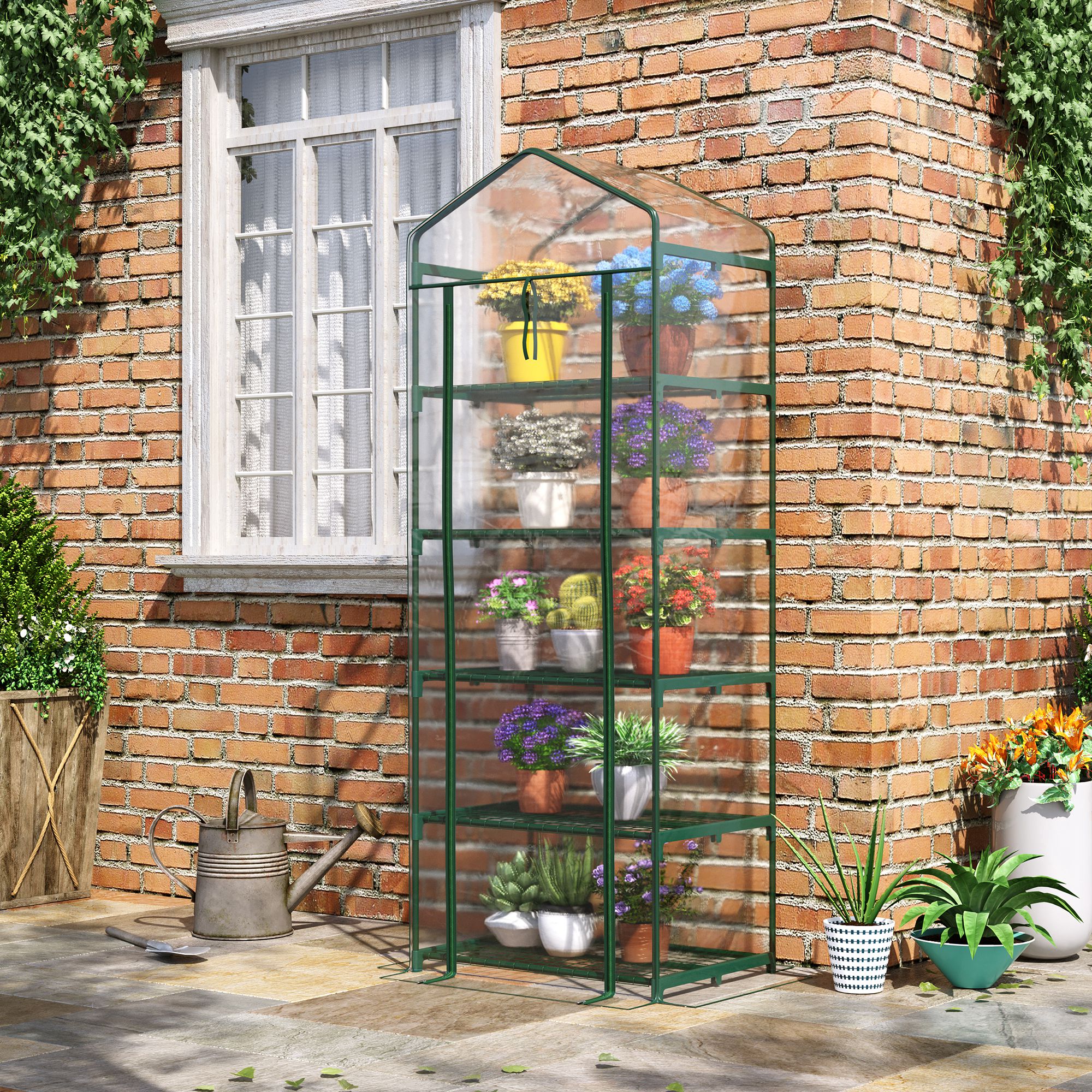 Foliengewächshaus Mini-Gewächshaus Mit 5 Regale Für Blumen Oder Gemüse Aufzucht Treibhaus Transparent+Grün Stahl Kunststoff 69 X 49 X 193 Cm
