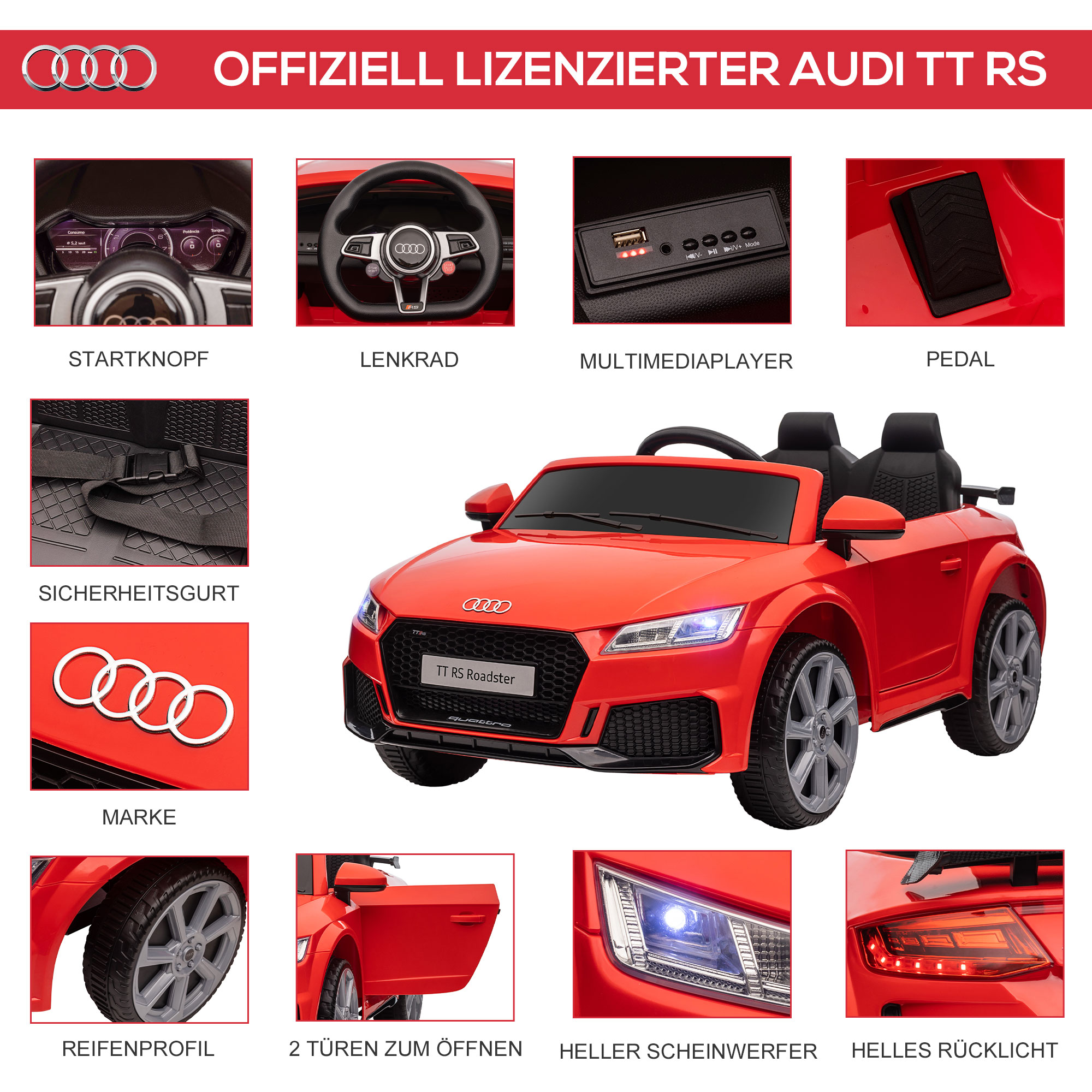 Audi Kinder Elektroauto 12V Mit 2,4G Fernbedienung, Musik, Hupe, Elektrofahrzeug Mit LED-Leuchte, USB/MP3-Anschluss, Rückwärtsfunktion, Für Kinder 3-5 Jahre, Rot 2