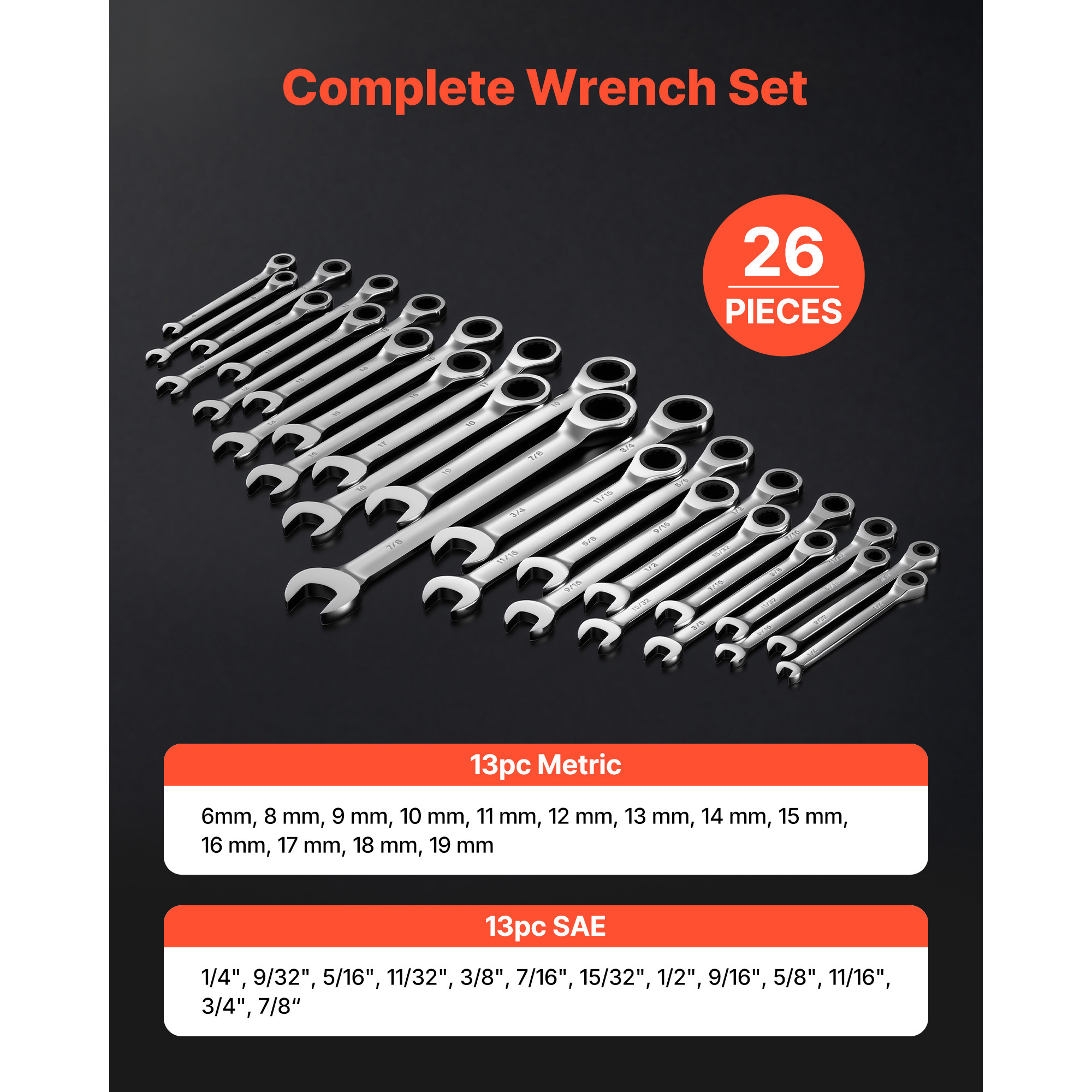 Combination Wrench Set, 26-Piece SAE And Metric, 72 Teeth, Cr-V Steel Ratcheting Wrench Set, With Rack Organizer, Open End, Clear Size Labels, For General Household, Automotive Repairs, Silver image 2