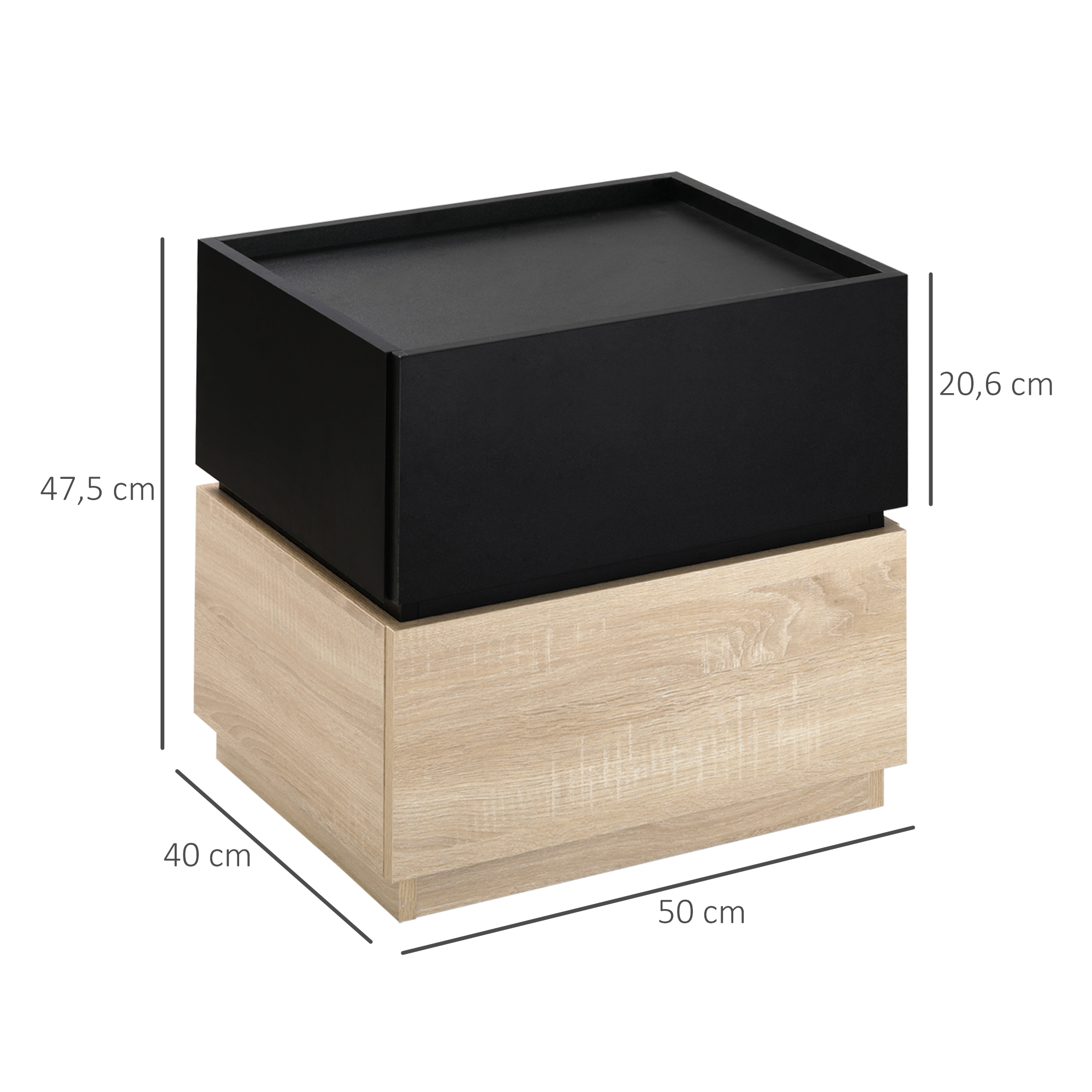 Nachttisch Mit Schublade Nachtschrank Stapelbar Schubladenschrank Schlafzimmer Nachtkommode Spanplatte Schwarz+Natur 50 X 40 X 47,5 Cm