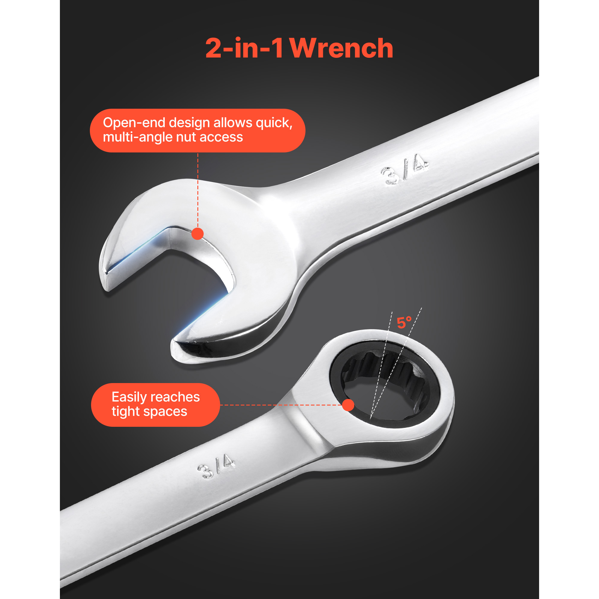 Combination Wrench Set, 26-Piece SAE And Metric, 72 Teeth, Cr-V Steel Ratcheting Wrench Set, With Rack Organizer, Open End, Clear Size Labels, For General Household, Automotive Repairs, Silver image 4