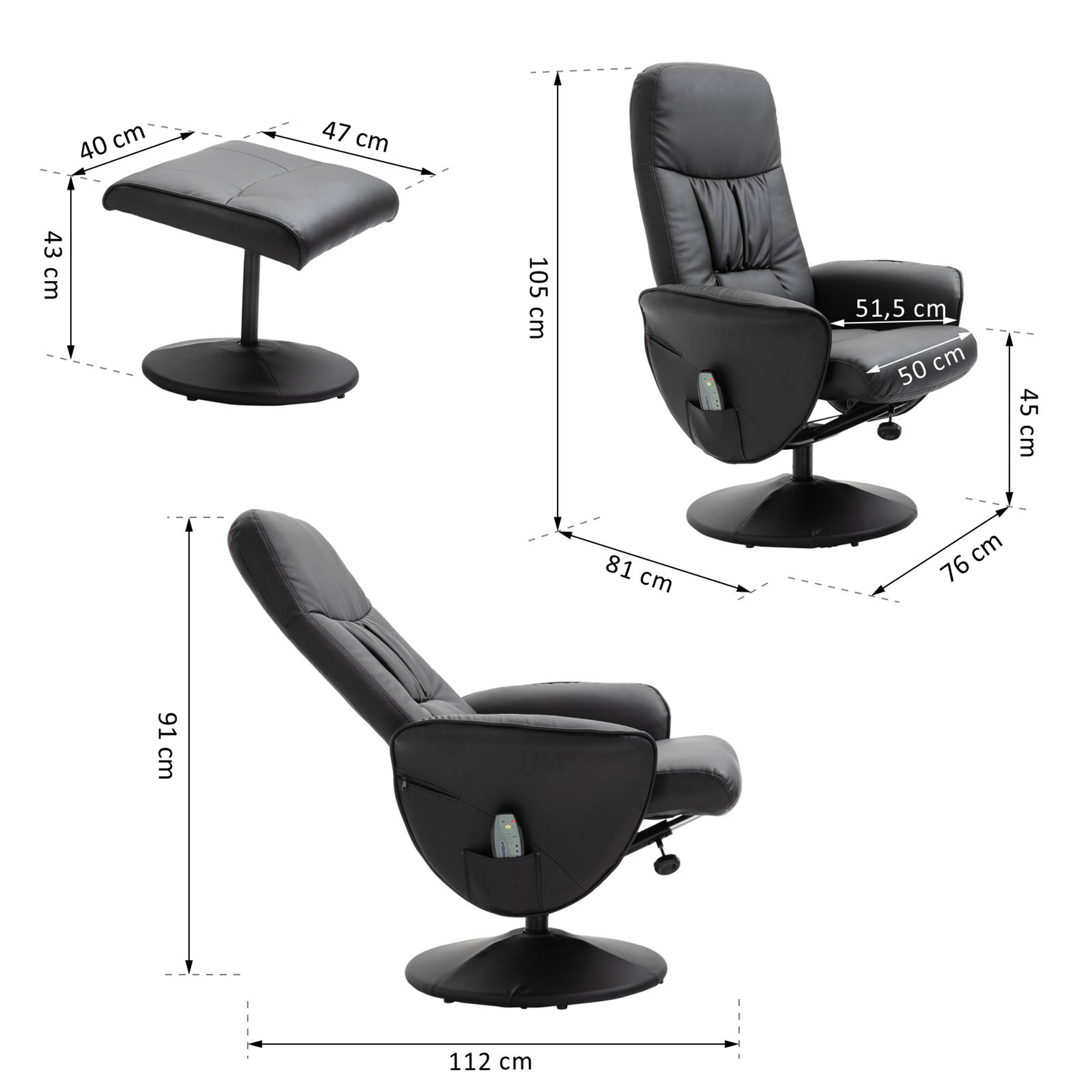 Relaxsessel Mit Fußhocker, Elektrischer Massagesessel Mit Liegefunktion, 10 Massagepunkte, Drehbarer Fernsehsessel Mit Seitentasche, Fernbedienung, Kunstleder, Schwarz