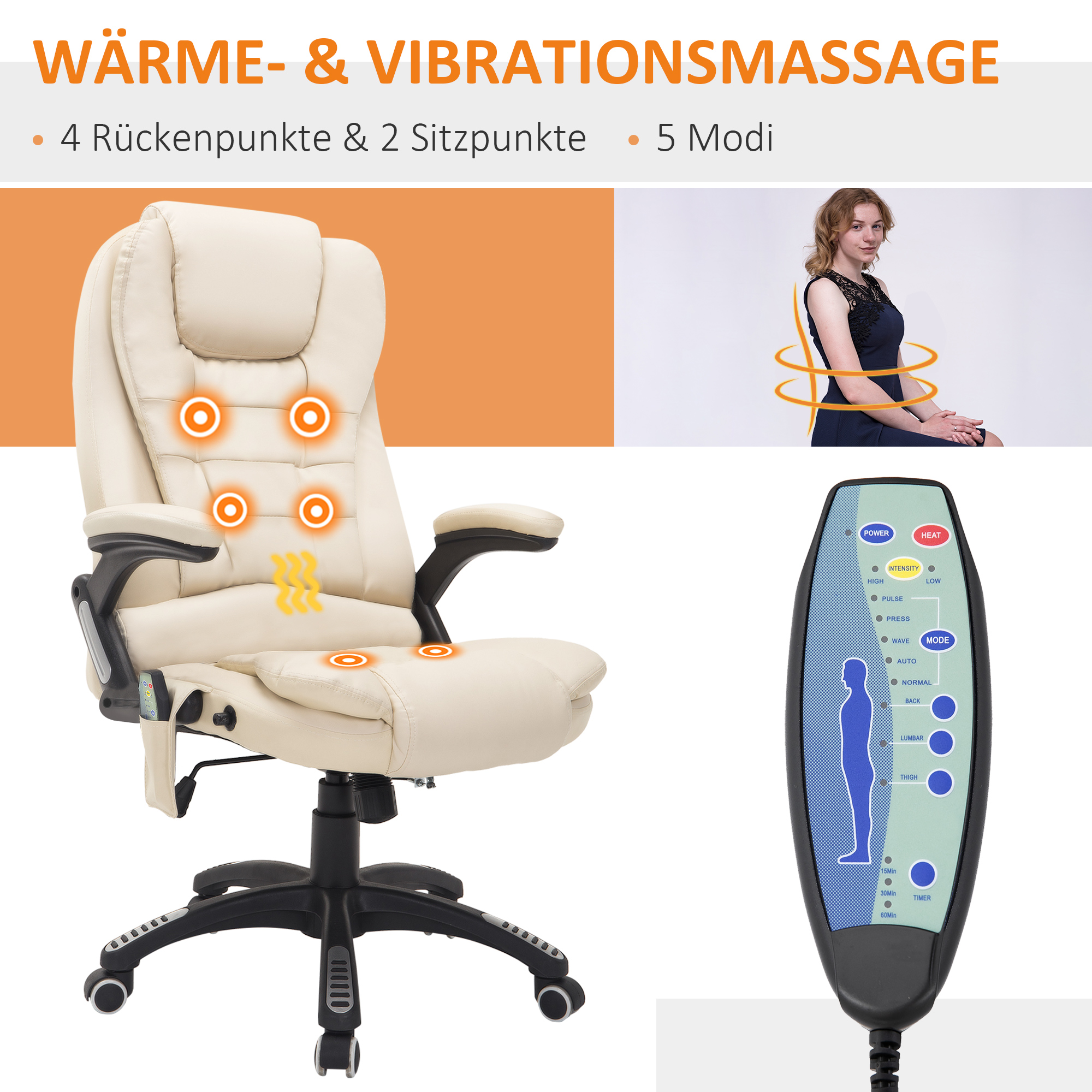 Bürostuhl Mit Massagefunktion, Wärmefunktion, Höhenverstellbar, Kippfunktion, Massage-Bürostuhl, Cremeweiß + Schwarz