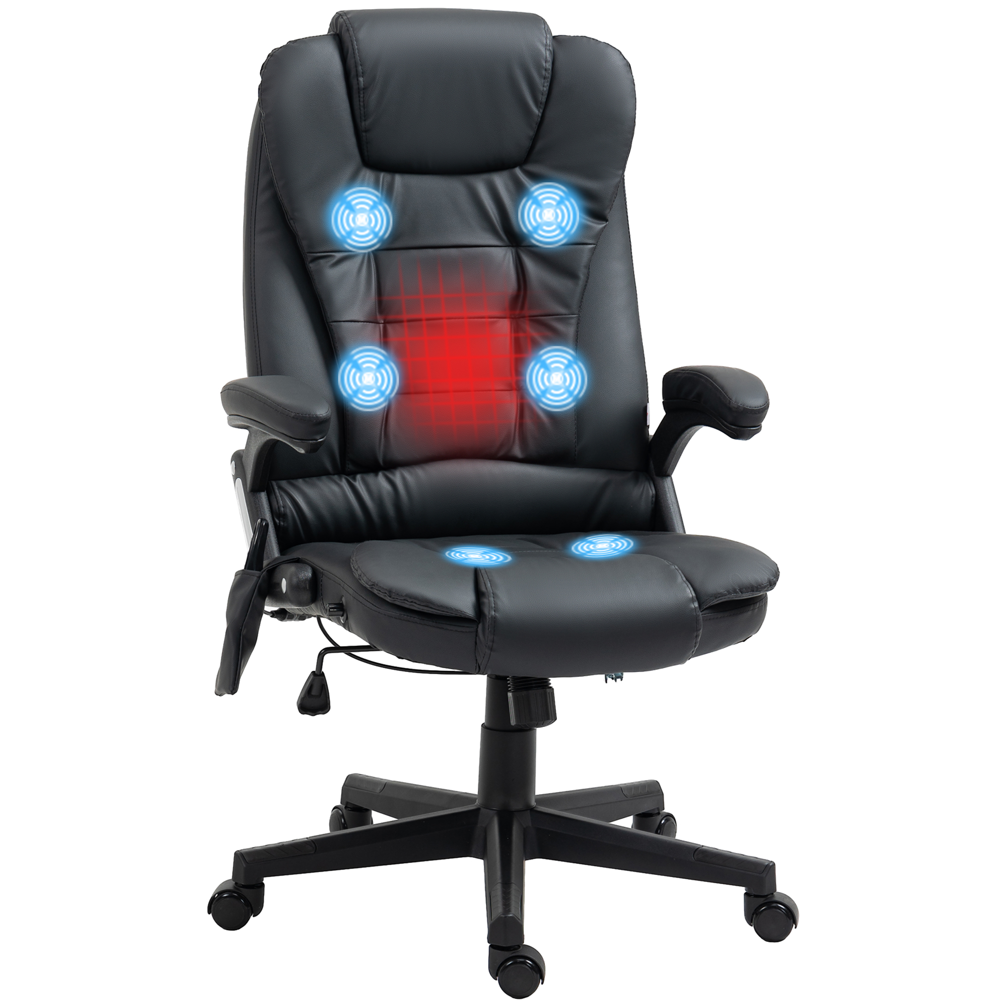 Massagesessel Bürostuhl, Chefsessel Mit 6-Punkt-Vibrationsmassage Und Wärmefunktion, Drehbar Gaming-Stuhl, Kunstleder, 70 X 70 X 111–121 Cm, Schwarz