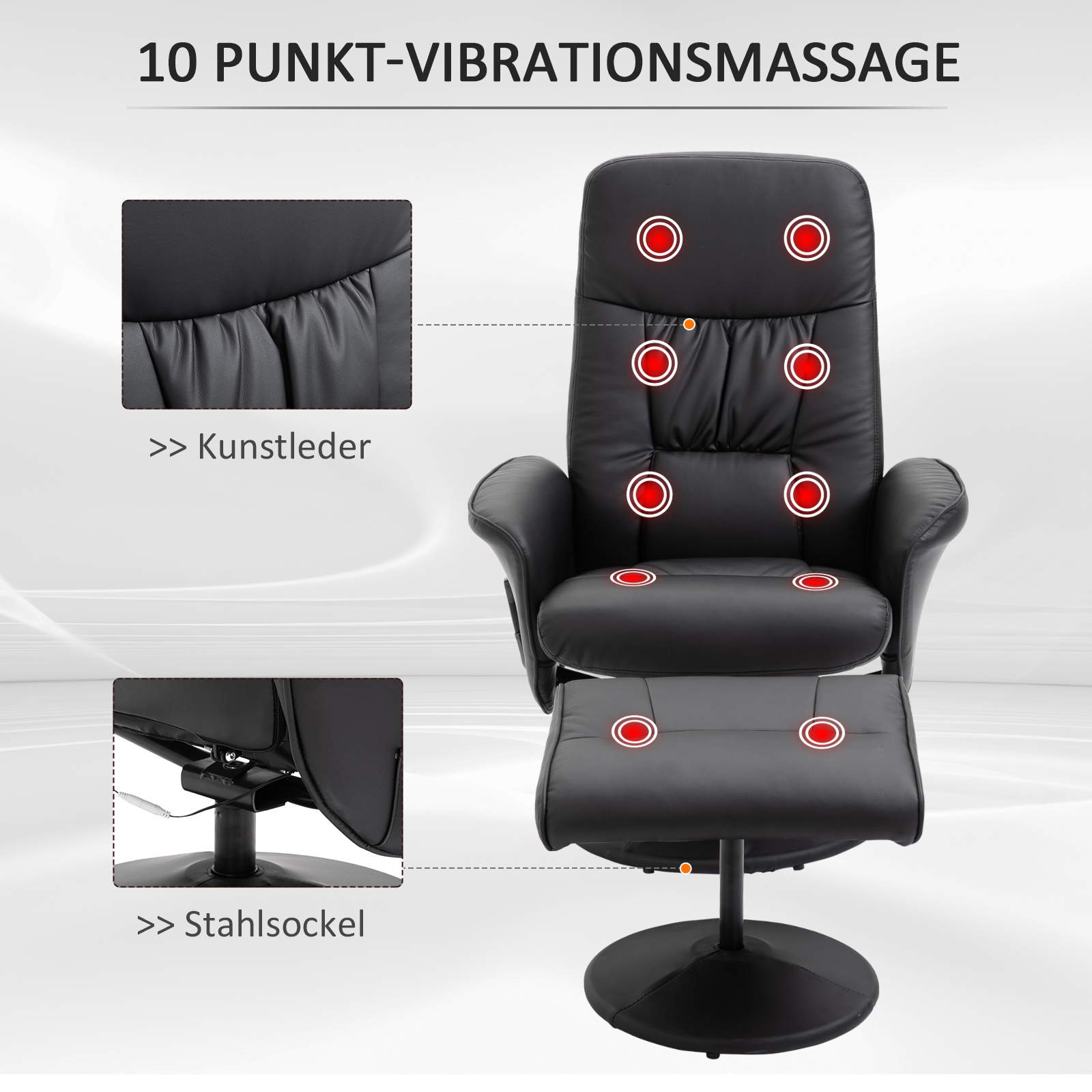 Relaxsessel Mit Fußhocker, Elektrischer Massagesessel Mit Liegefunktion, 10 Massagepunkte, Drehbarer Fernsehsessel Mit Seitentasche, Fernbedienung, Kunstleder, Schwarz