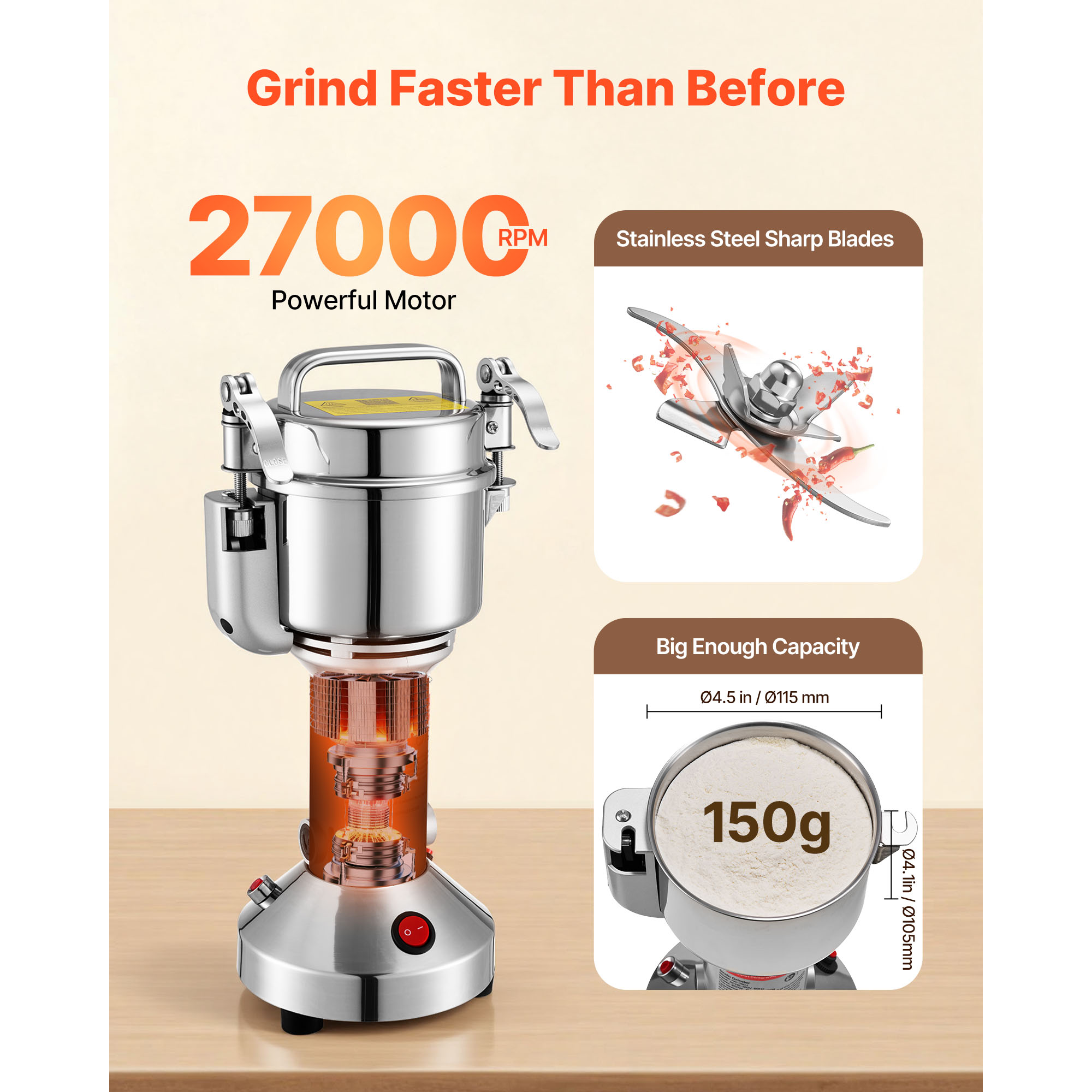 Electric Grain Mill Grinder, 0.3 Lbs Commercial Spice Grinders, High Speed 850W Stainless Steel Pulverizer Powder Machine, For Dry Grains, Spices, Cereals, Coffee, Corn & Pepper, Straight Type image 4
