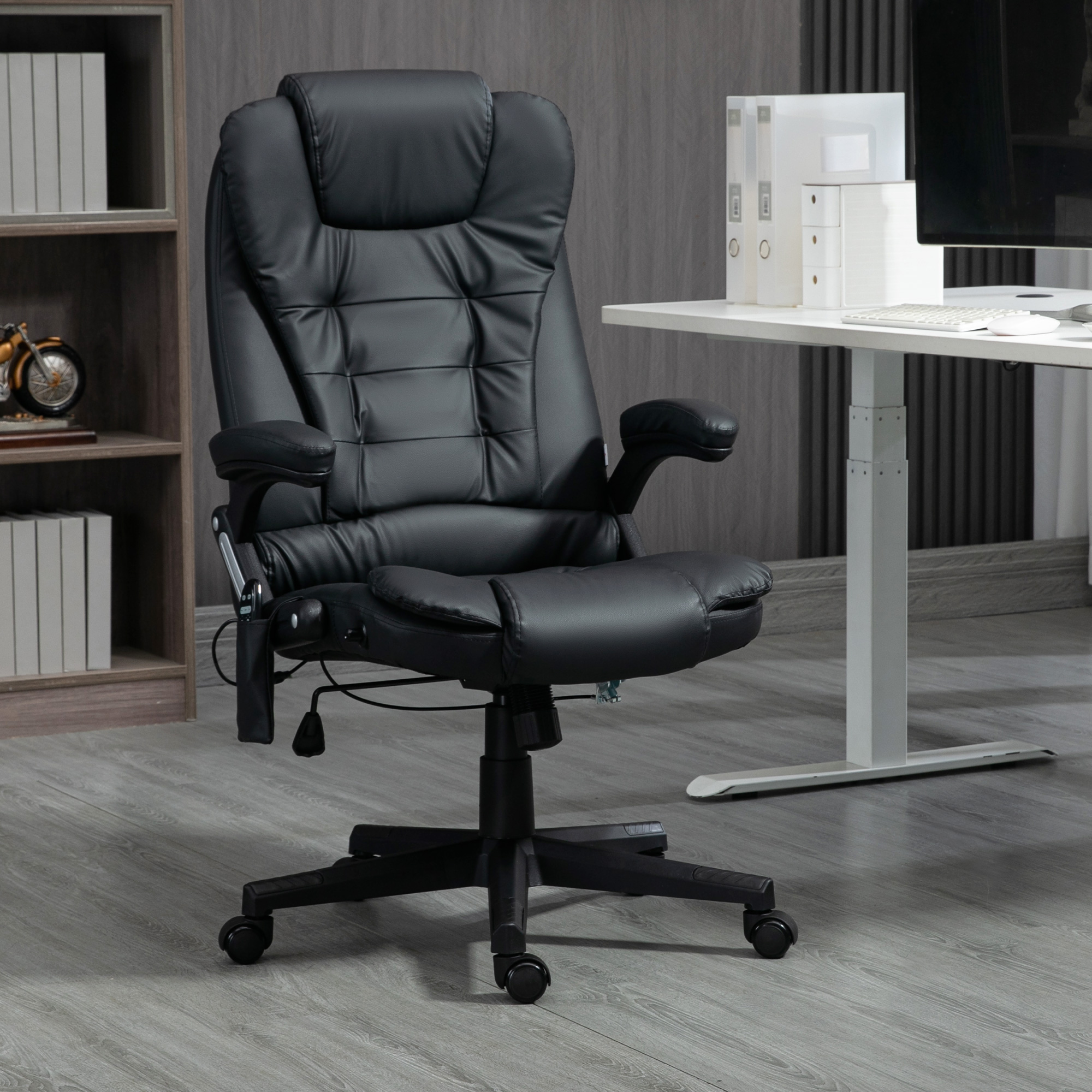 Massagesessel Bürostuhl, Chefsessel Mit 6-Punkt-Vibrationsmassage Und Wärmefunktion, Drehbar Gaming-Stuhl, Kunstleder, 70 X 70 X 111–121 Cm, Schwarz