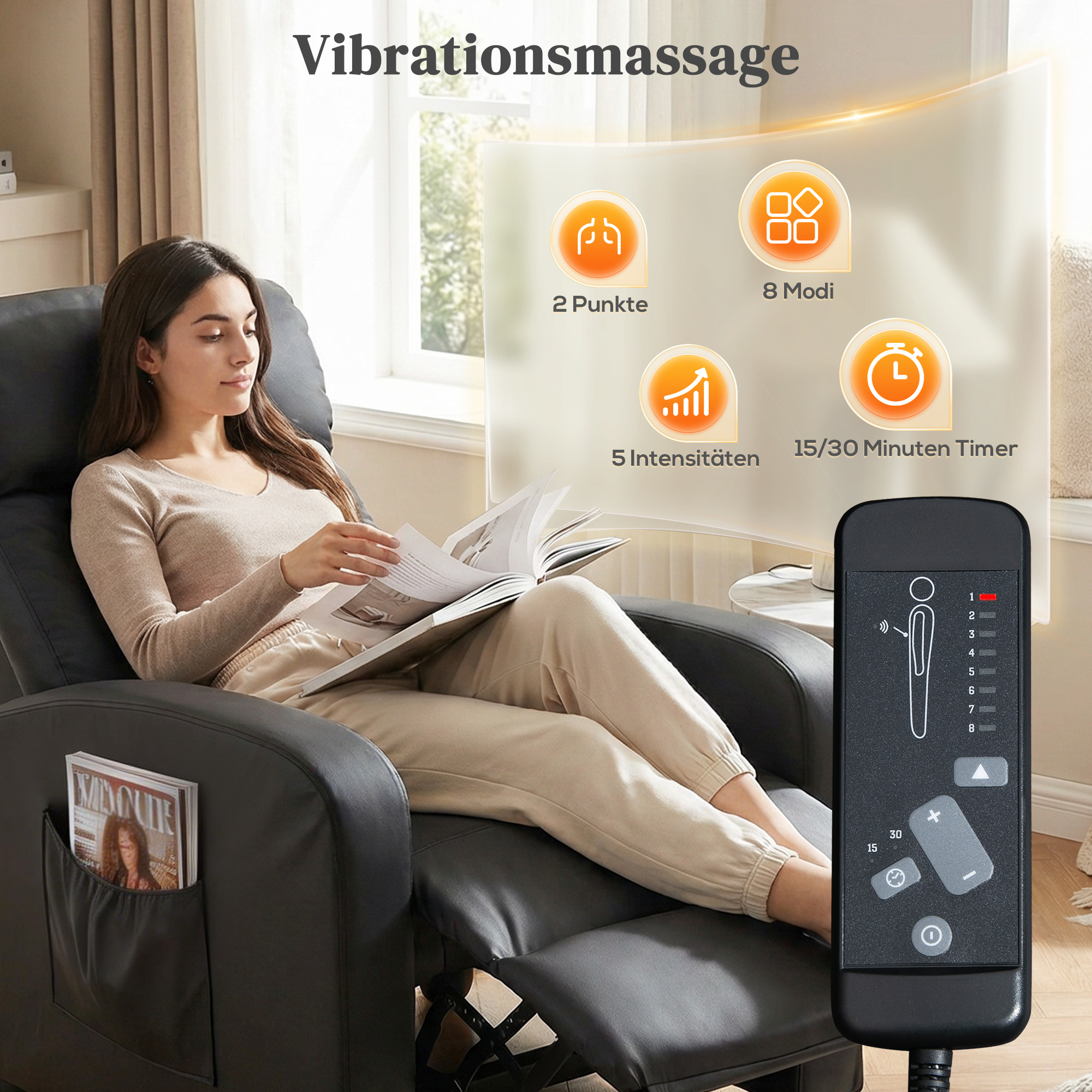 Relaxsessel Fernsehsessel Mit Vibrationsmassage, Massagesessel Mit Liegefunktion, 2 Massagepunkte, TV Sessel Mit Fernbedienung, Seitentasche, Kunstleder Für Wohnzimmer, Schwarz