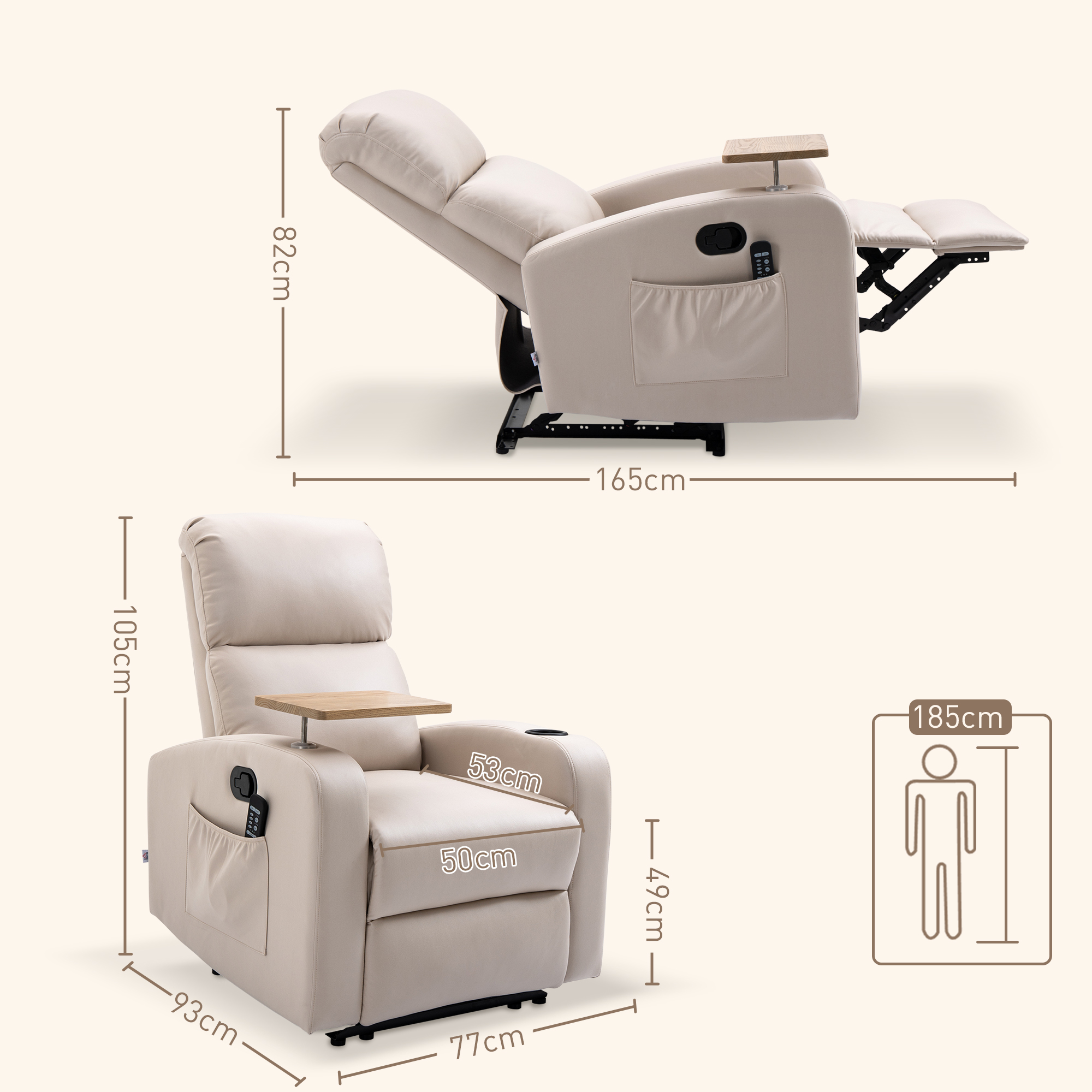 Massagesessel Relaxsessel Liegesessel, 1 Klapptisch, 1 Fußstütze; 77 Cm X 93 Cm X 105 Cm, Beige