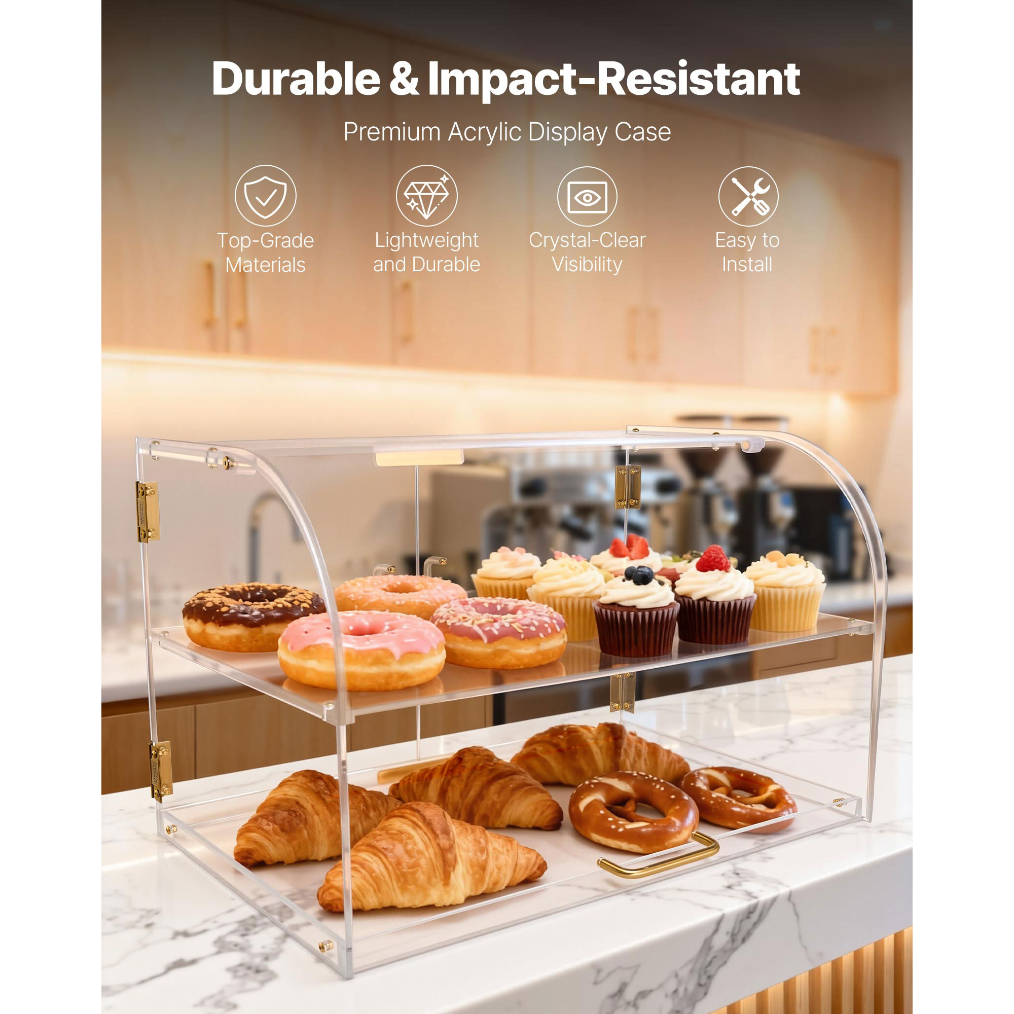 Bakery Display Case, 2-Tier Commercial Countertop Pastry Display Case, Clear Acrylic Bread Box For Kitchen, Party Cake Cabinet With Magnetic Rear Door For Cookie Dessert Donut, 22 X 14 X 14 — foto 3
