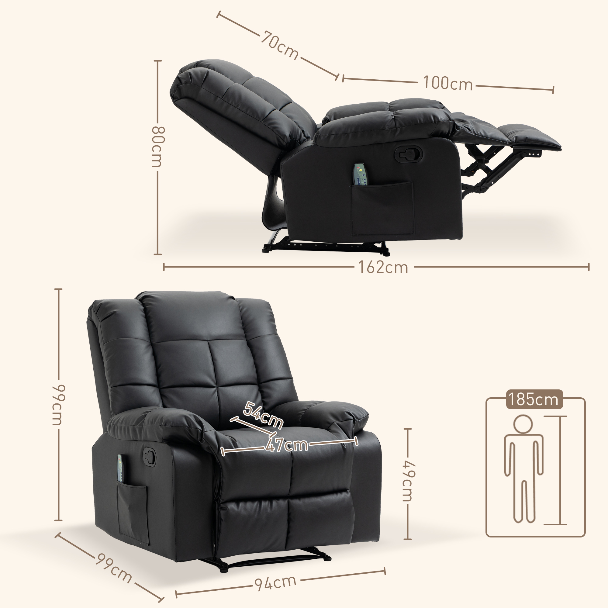 Massagesessel, Relaxsessel, 8 Vibrationspunkte, Liegefunktion, Kunstleder, Schwarz, 94x99x99cm