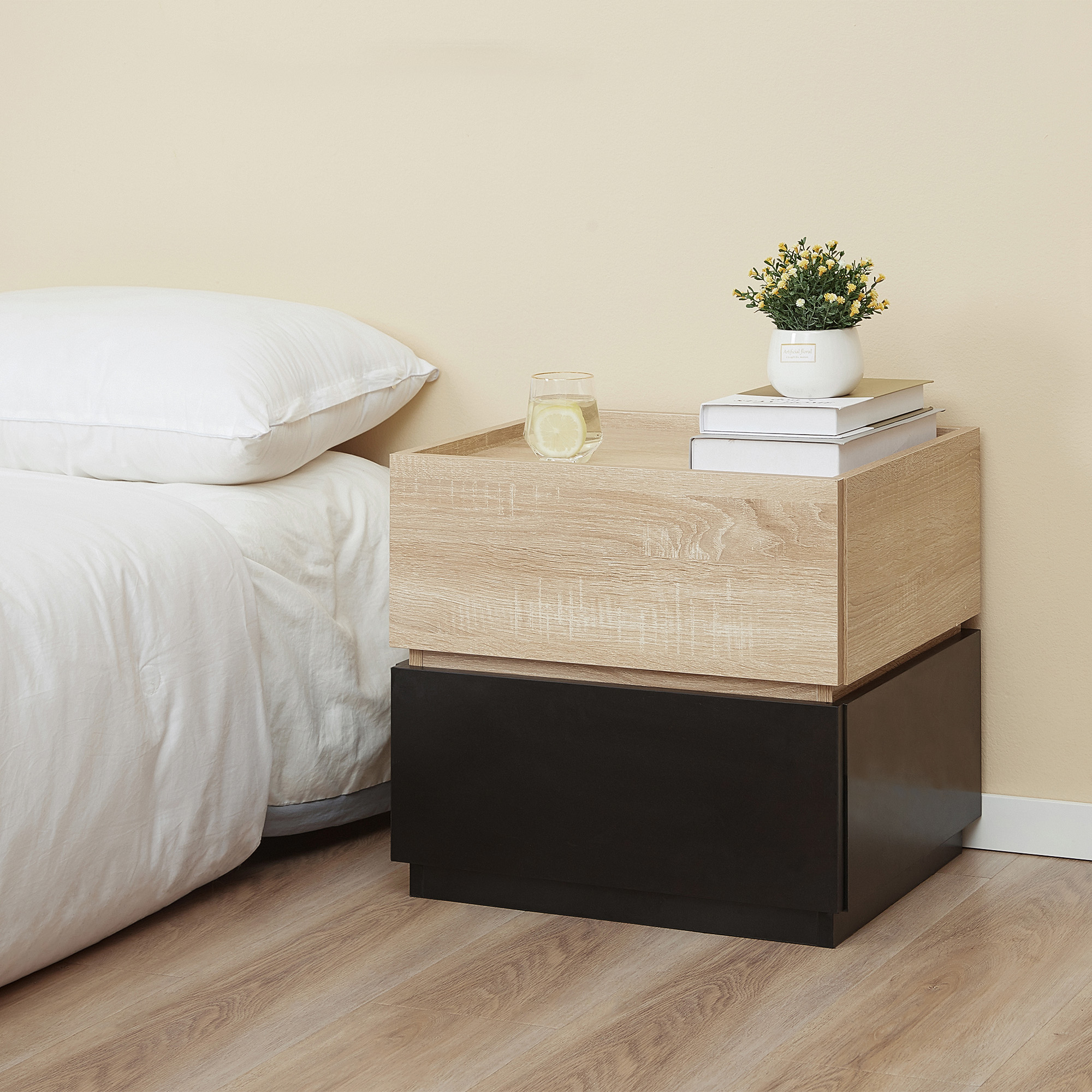 Nachttisch Mit Schublade Nachtschrank Stapelbar Schubladenschrank Schlafzimmer Nachtkommode Spanplatte Schwarz+Natur 50 X 40 X 47,5 Cm