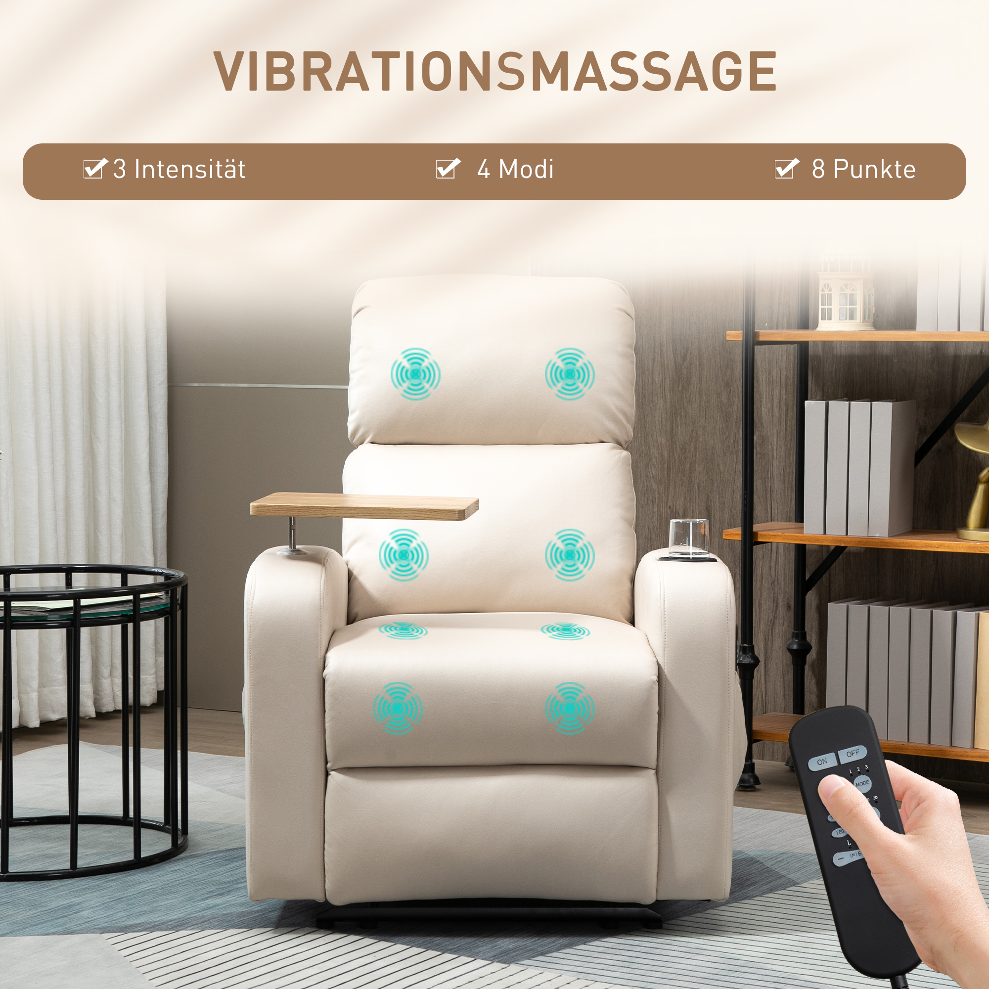 Massagesessel Relaxsessel Liegesessel, 1 Klapptisch, 1 Fußstütze; 77 Cm X 93 Cm X 105 Cm, Beige