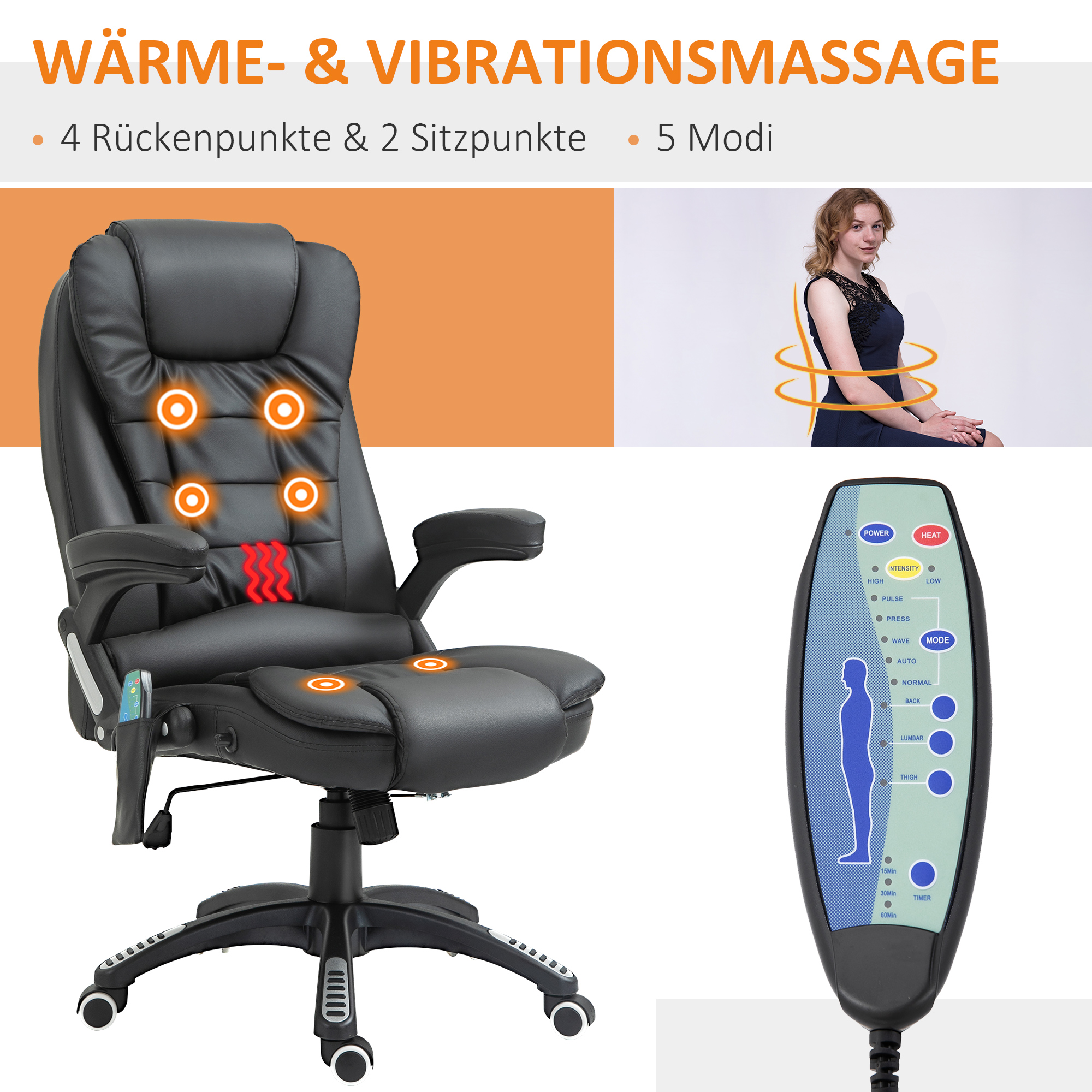 Massagesessel Bürostuhl, Chefsessel Mit 6-Punkt-Vibrationsmassage Und Wärmefunktion, Drehbar Gaming-Stuhl, Kunstleder, 70 X 70 X 111–121 Cm, Schwarz