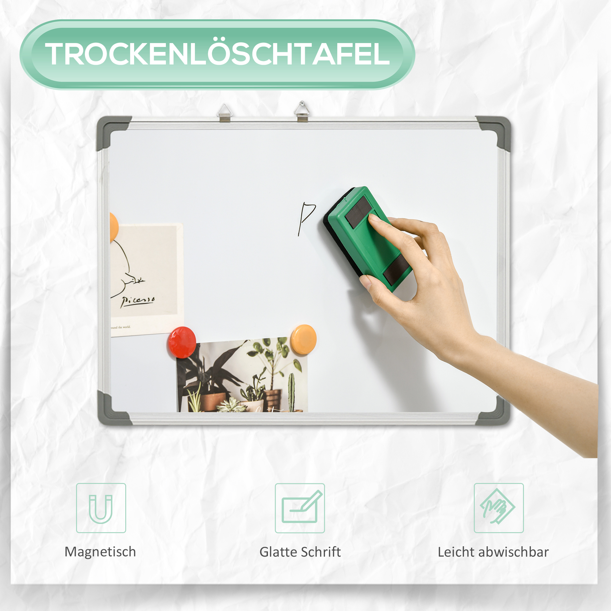 Whiteboard Magnettafel, Leicht Abwischbar, Mit 4 Markern, 10 Magneten, 1 Radierer, 60 X 1,8 X 45cm 3