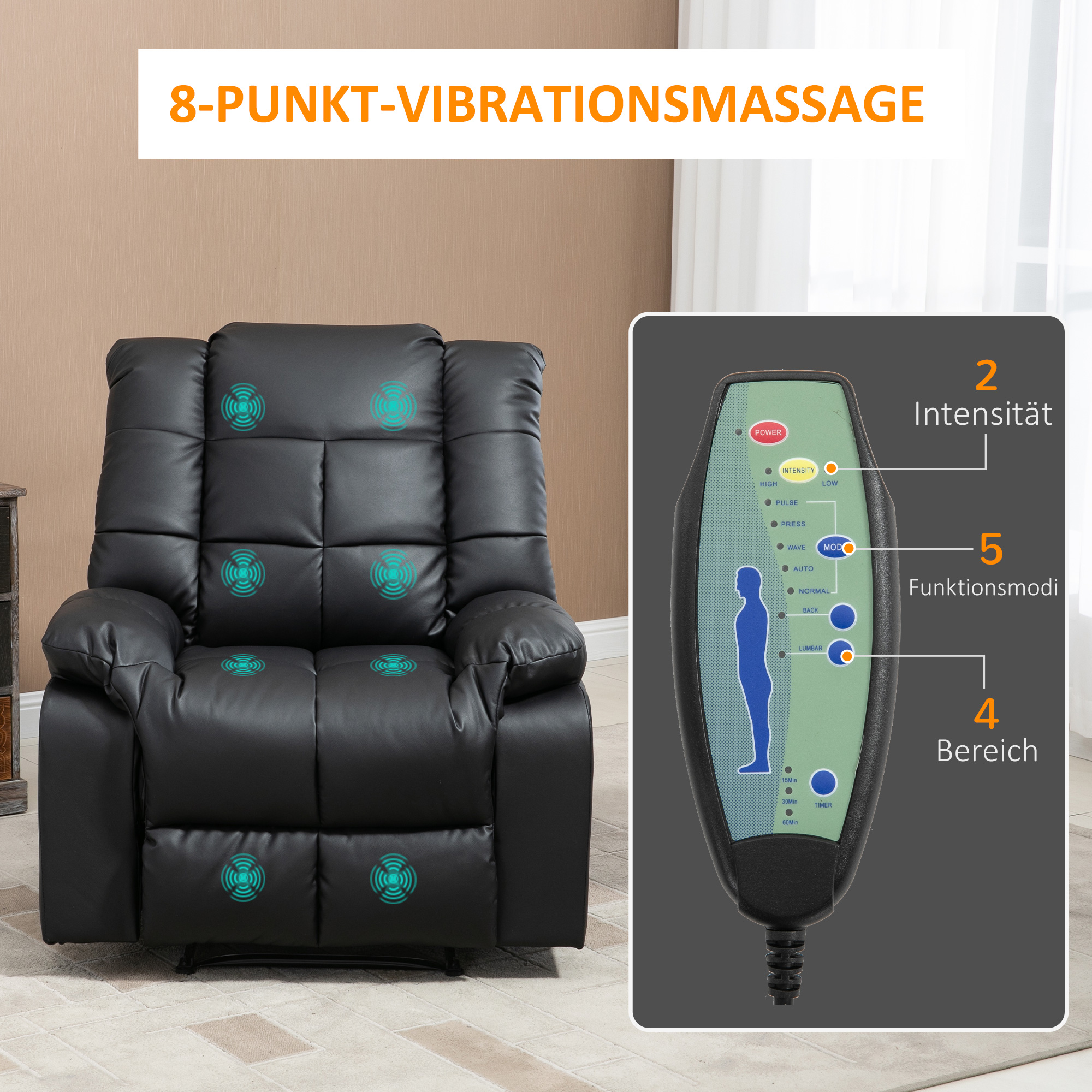 Massagesessel, Relaxsessel, 8 Vibrationspunkte, Liegefunktion, Kunstleder, Schwarz, 94x99x99cm
