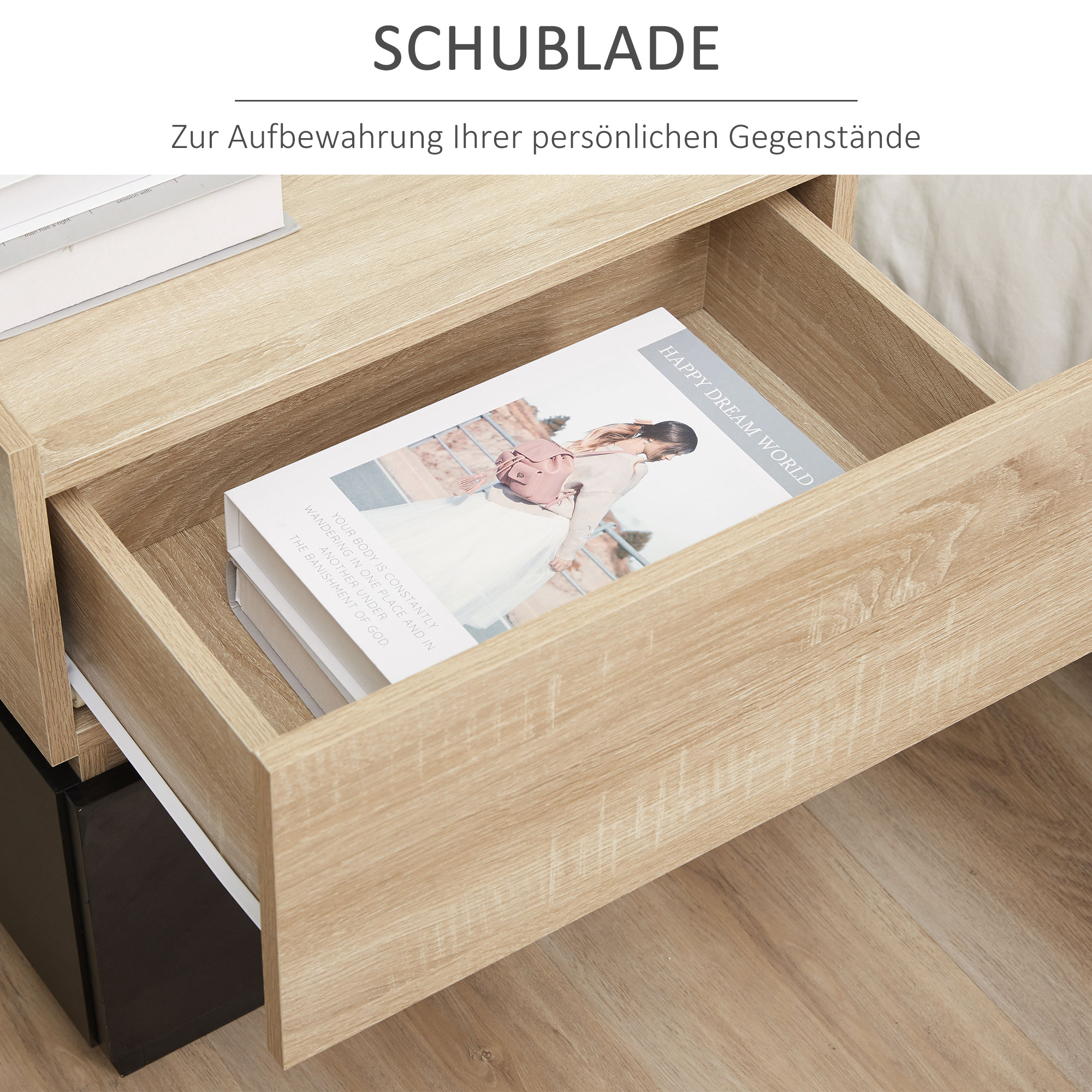 Nachttisch Mit Schublade Nachtschrank Stapelbar Schubladenschrank Schlafzimmer Nachtkommode Spanplatte Schwarz+Natur 50 X 40 X 47,5 Cm