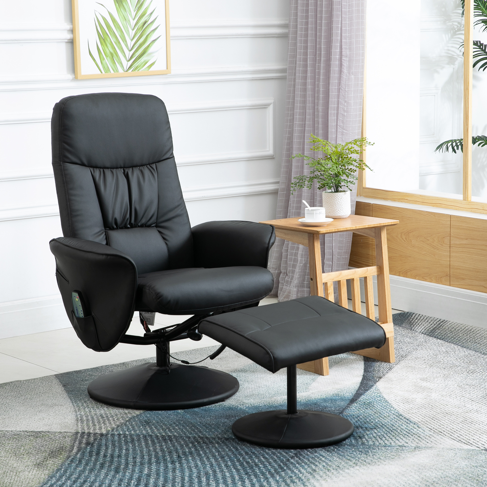 Relaxsessel Mit Fußhocker, Elektrischer Massagesessel Mit Liegefunktion, 10 Massagepunkte, Drehbarer Fernsehsessel Mit Seitentasche, Fernbedienung, Kunstleder, Schwarz