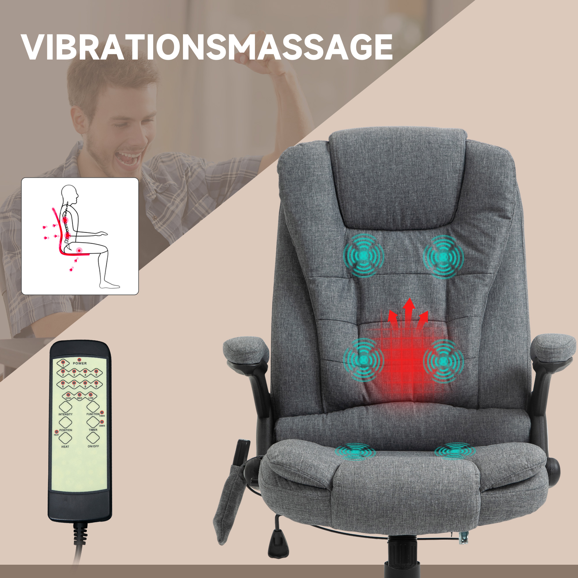 Bürostuhl  Massagesessel Mit Wärmefunktion, Ergonomischer Chefsessel, Höhenverstellbarer Drehstuhl, Gamingstuhl Mit Massage, Dunkelgrau, 68 X 72 X 110–120 Cm