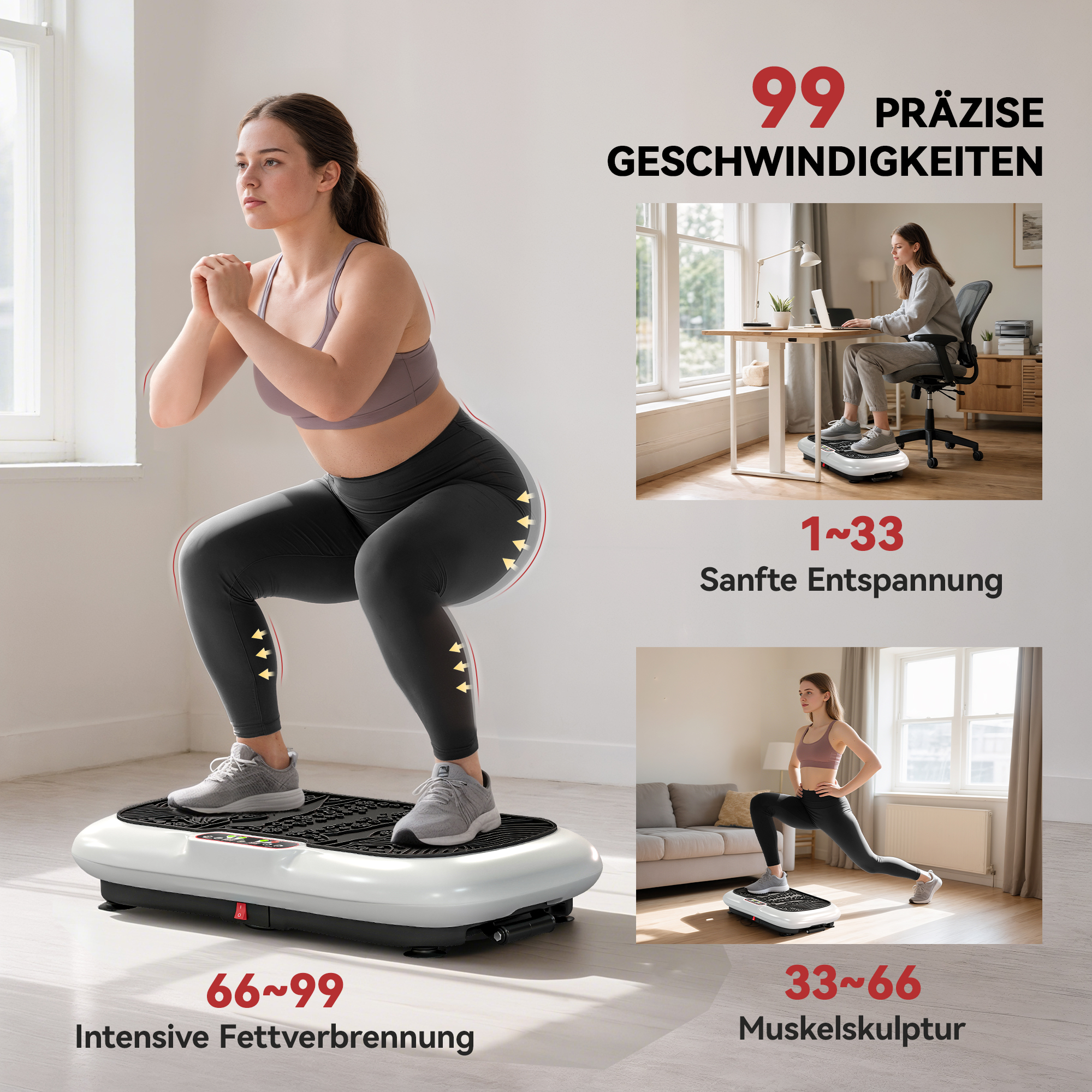 Vibrationsplatte Mit 99 Stufen, 2 Fitnessbändern 73 X 40 X 13cm Weiß+Schwarz