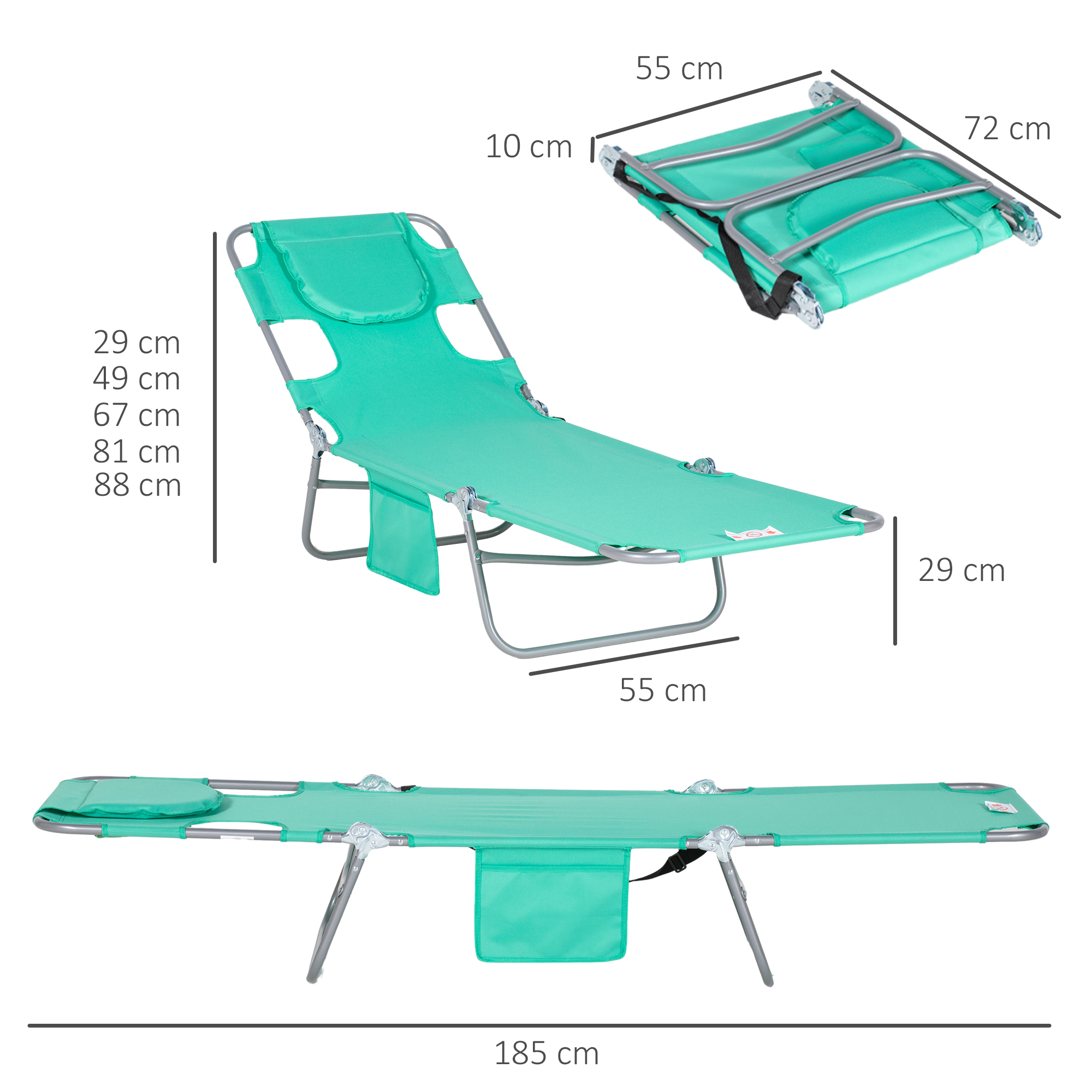 Gartenliege, Liegestuhl Mit Gepolsterter Gesichtsöffnung, Massage-Liege Für Draußen, Seitentasche, Stoff, Metall, Grün